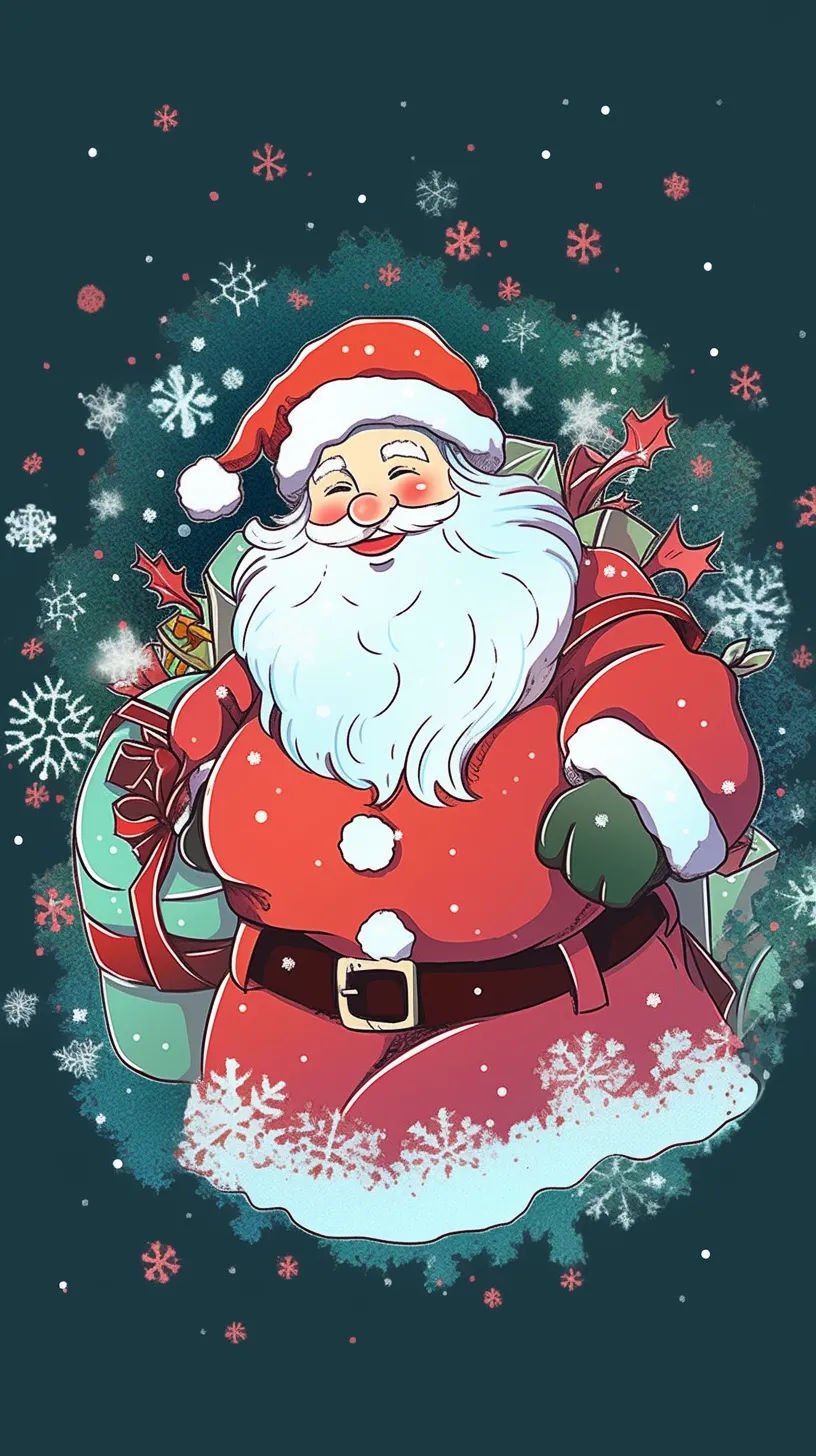 Poster design featuring a cartoon Santa Claus surrounded by a plethora of Christmas gifts, set against a backdrop of red and green with delicate snowflakes.