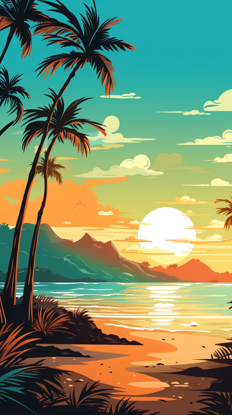 Mobile screen wallpaper showcasing a summer sunset beach in vector style, featuring deep turquoise greens and rich amber tones. Flat perspective, centered around a pool, Emek Golan, enigmatic tropics, poster design, ink and watercolor, high definition.