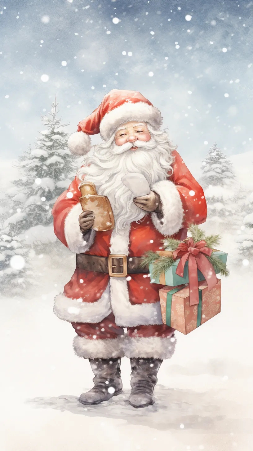 Santa Claus in the snow, holding Christmas gifts, with the text 