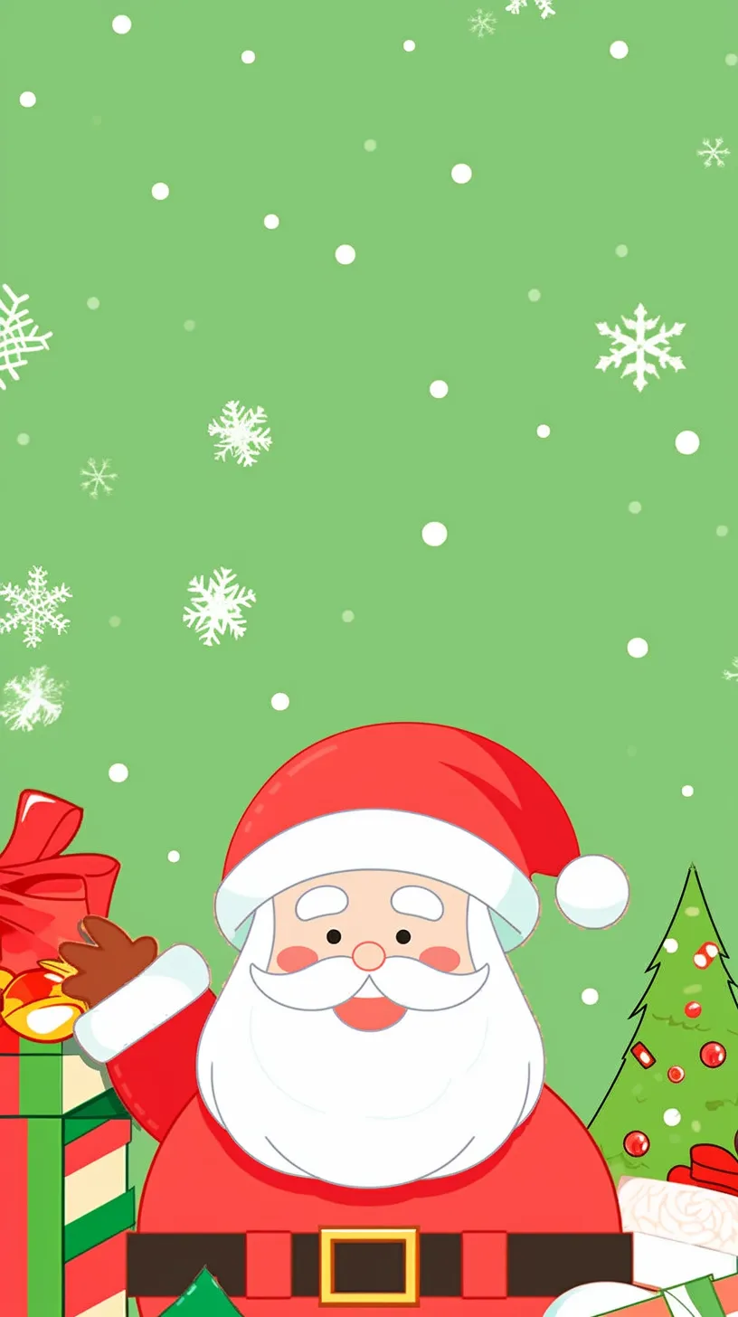 Poster design showcasing a cheerful cartoon of Santa Claus holding Christmas gifts, set against a vibrant red and green background, with the upper section intentionally left blank.