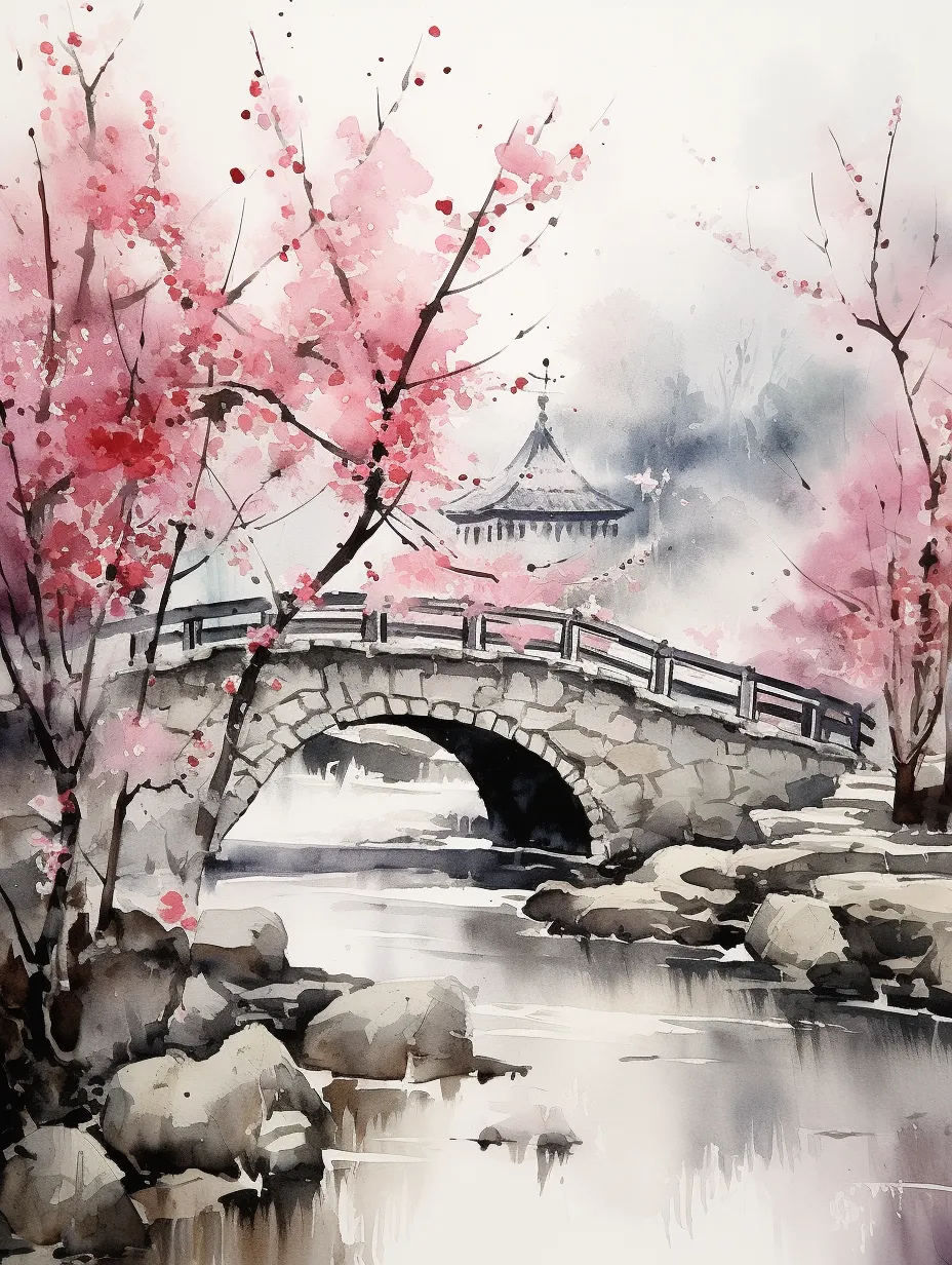 Winter plum blossoms, a quaint bridge arching over a gently flowing stream.