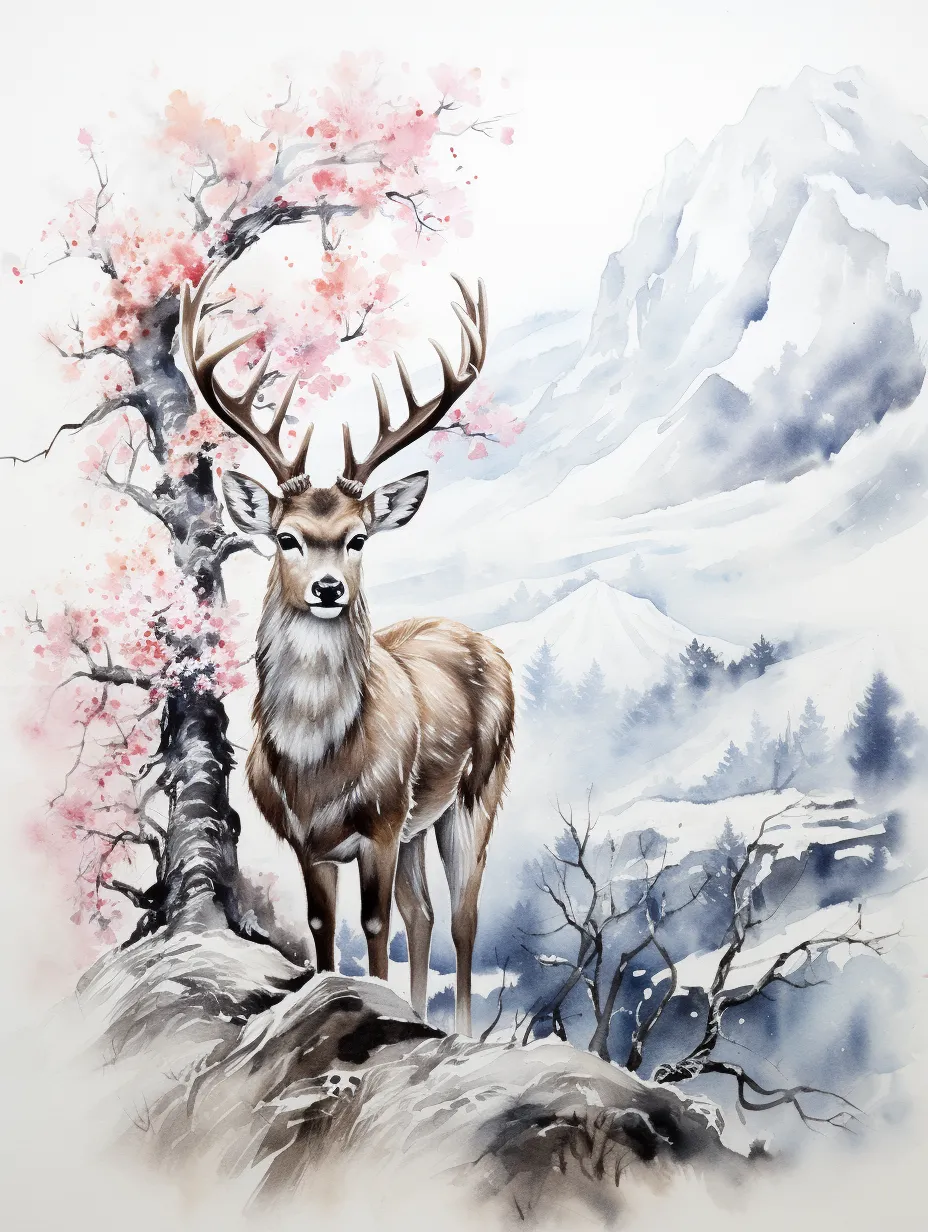 Ink wash plum blossoms in motion, accompanied by sika deer amidst the snow. This high-resolution artwork features intricate details in an ink wash style, with a focus on close-up views that capture the best quality and realistic complexity.