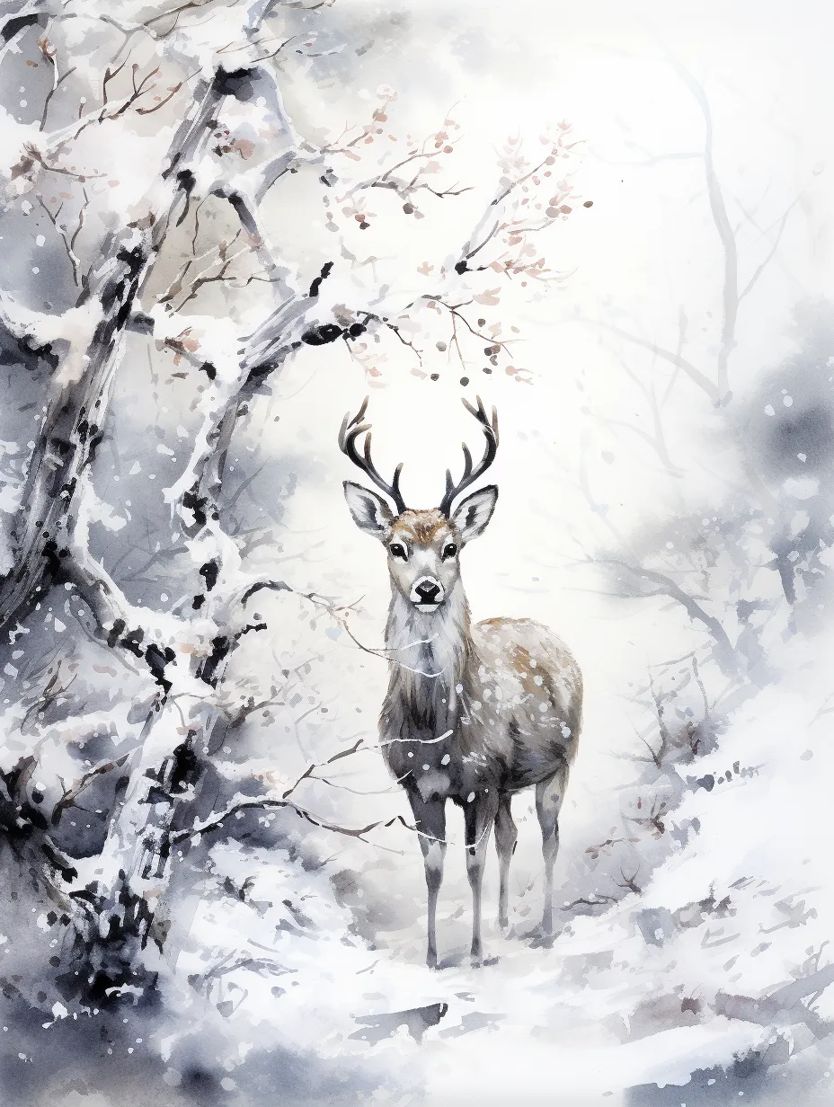 Ink wash painting of plum blossoms in early winter, featuring sika deer amidst snow. High-resolution, intricate details in an ink wash style, capturing realistic and complex elements in a close-up view, showcasing the best quality.