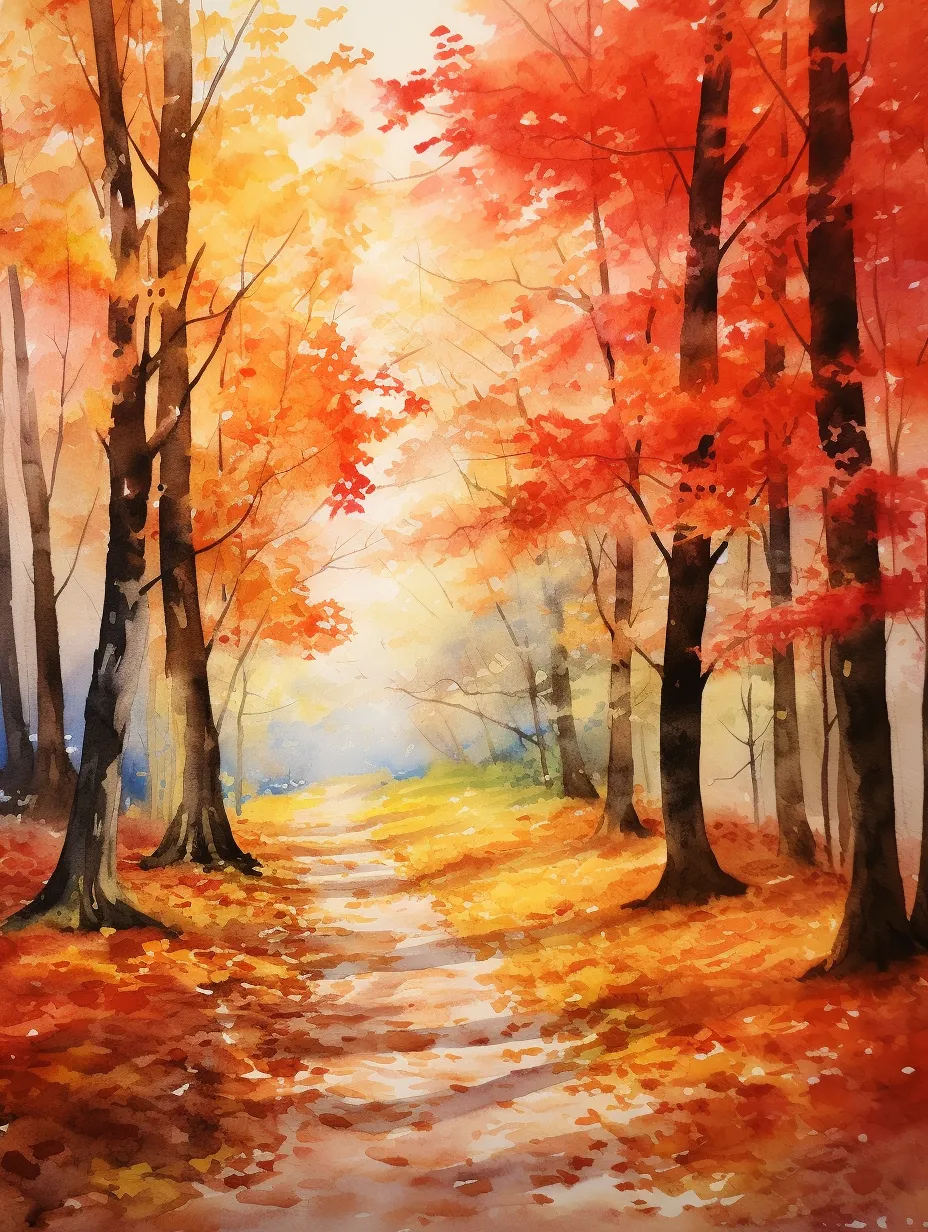 Watercolor depiction of a maple tree in late autumn, featuring vibrant maple leaves along a pathway. The scene captures the essence of autumn with a watercolor and ink wash style, showcasing high resolution and intricate details. This close-up artwork highlights the best quality, presenting realistic and complex details.