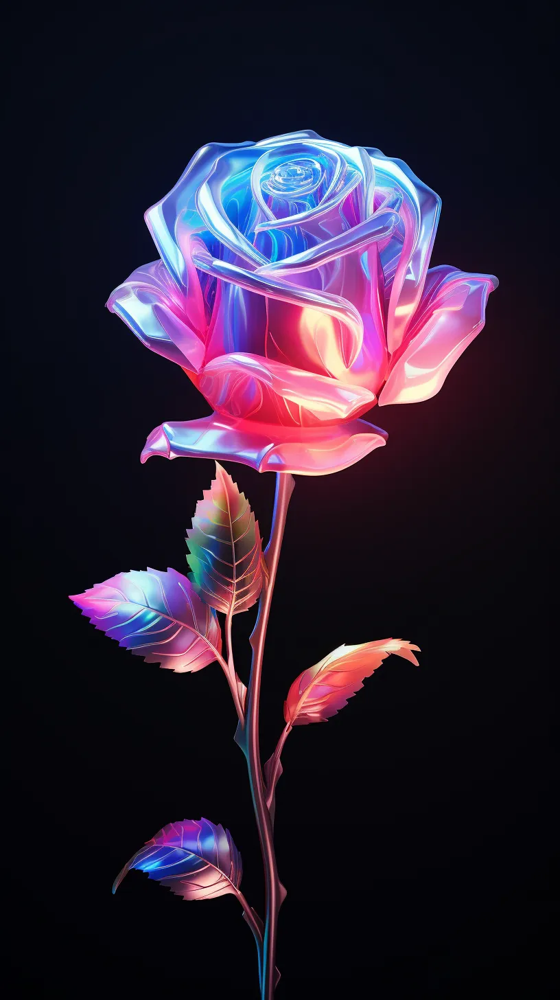 A solitary rose, adorned with holographic colors and ethereal shades, crafted in C4D and rendered with the OC renderer. This 3D rendering showcases studio lighting and professional-grade visuals, all set against a black backdrop.