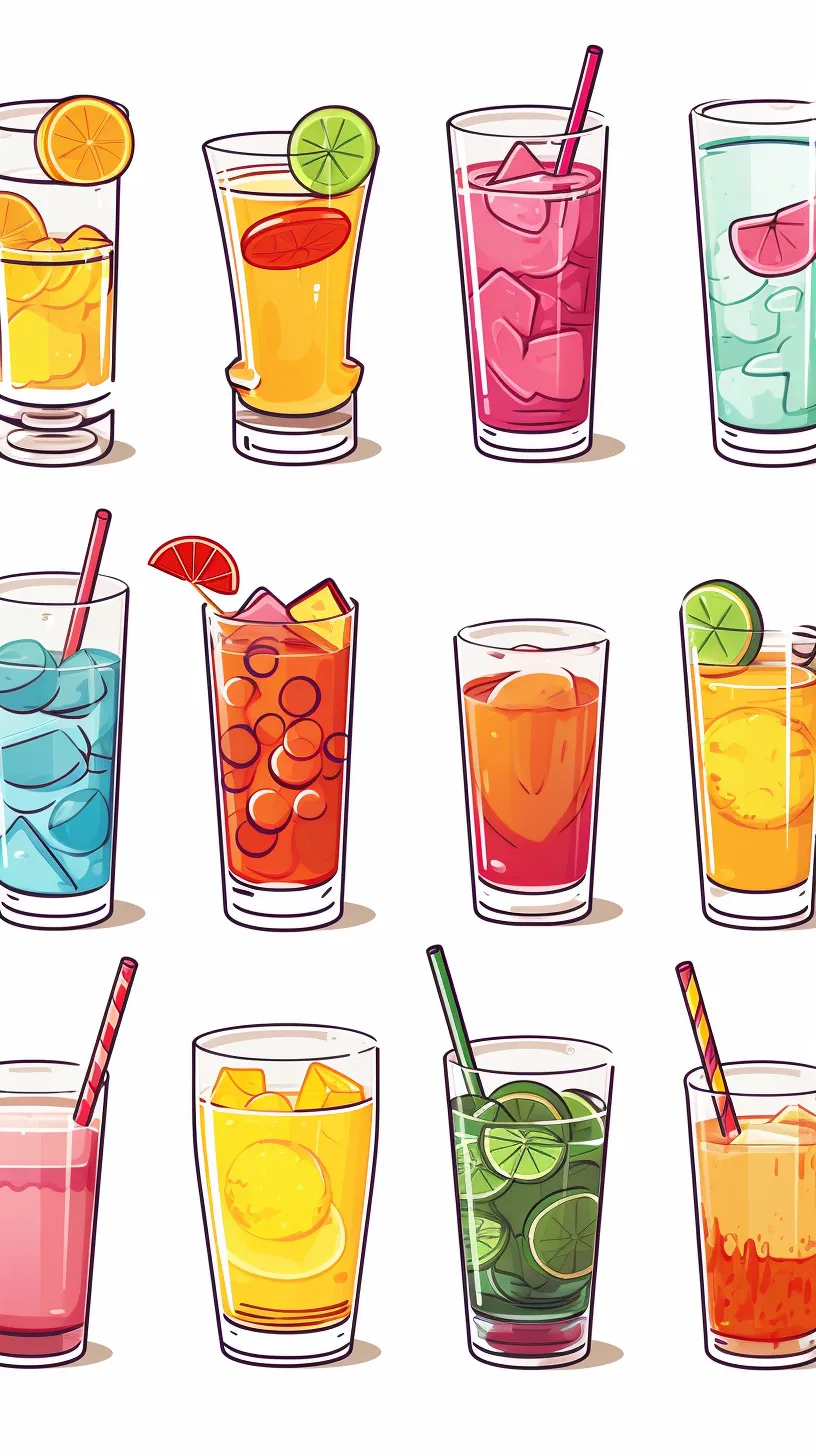 A collection of cartoon vector beverage elements, showcasing adorable designs, crafted in Adobe Illustrator with a harmonious color palette set against a white background.