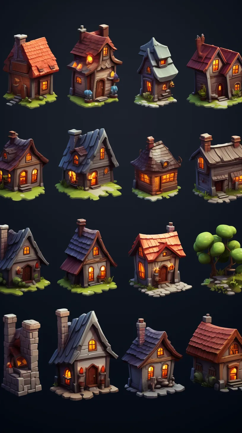 A collection of cartoon-style house icons showcasing small houses, icons, and game props in dreamy colors with a clay-like texture. These 3D icons are rendered in C4D against a black background and designed using Unreal Engine.