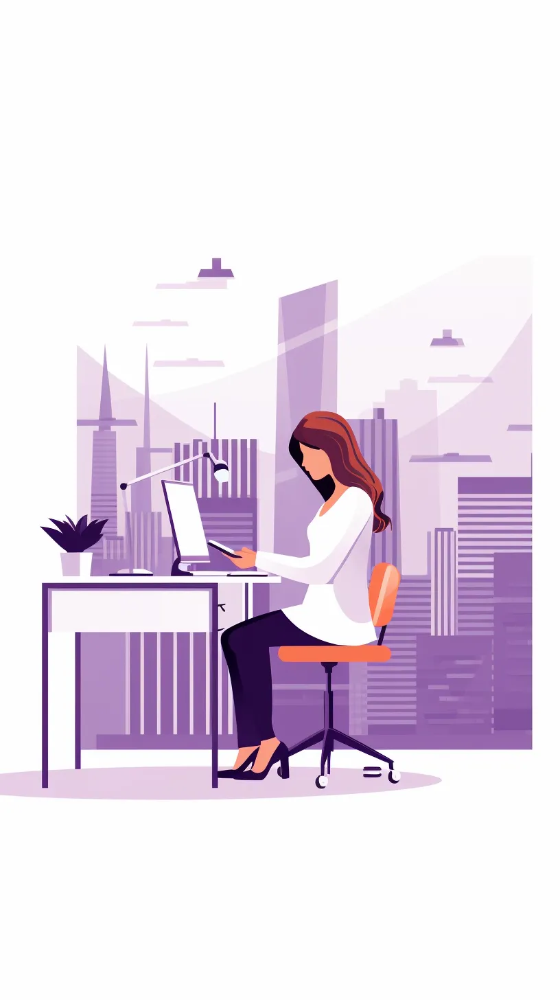 Office scene, featuring vector illustration elements of a girl working at a desk with a computer in an office environment. The design is flat, simple, and minimalistic, utilizing vector graphics and flat illustrations as UI elements, set against a white background. The girl is facing the camera and is accented with purple details, presented in the highest quality.