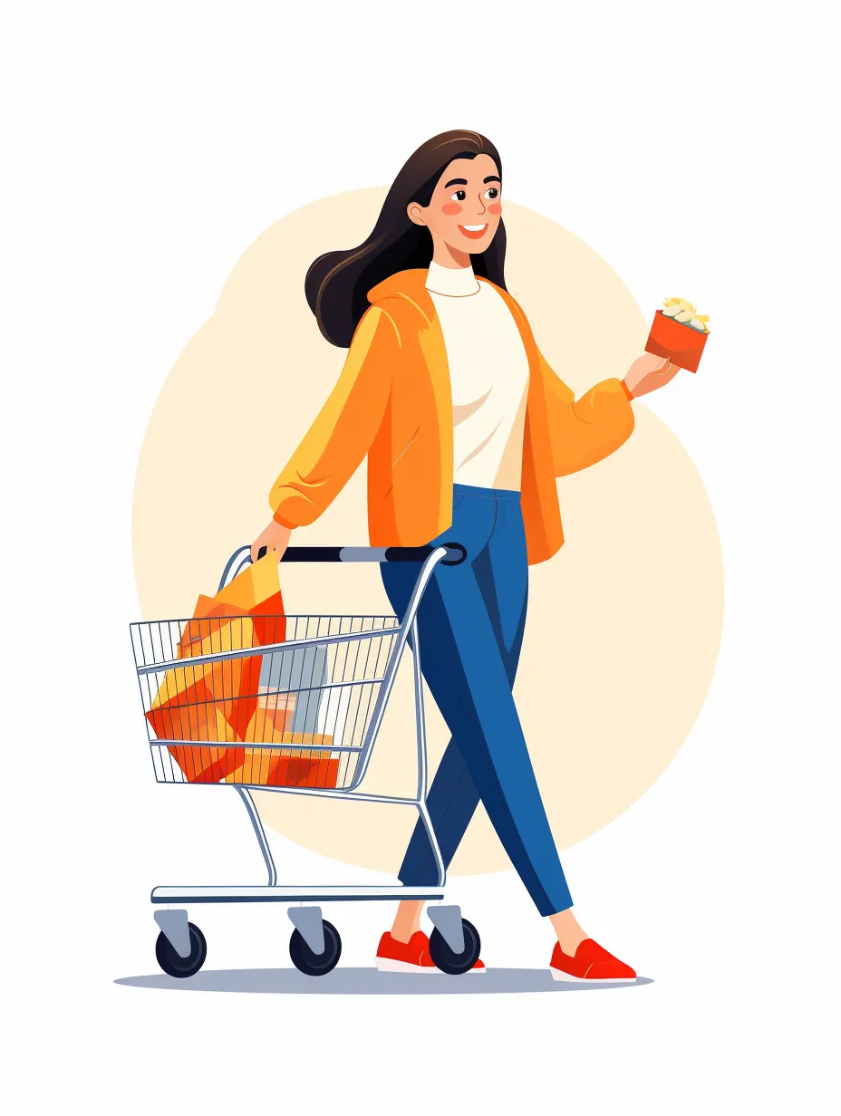 An e-commerce shopping scene featuring a beautiful girl pushing a shopping cart. This vector illustration showcases elements of electronic commerce and shopping in a creative, flat design style. Simple and vector-based, this flat illustration serves as a UI element against a white background. The girl is facing the camera, with a color palette of orange and amber, ensuring the highest quality.