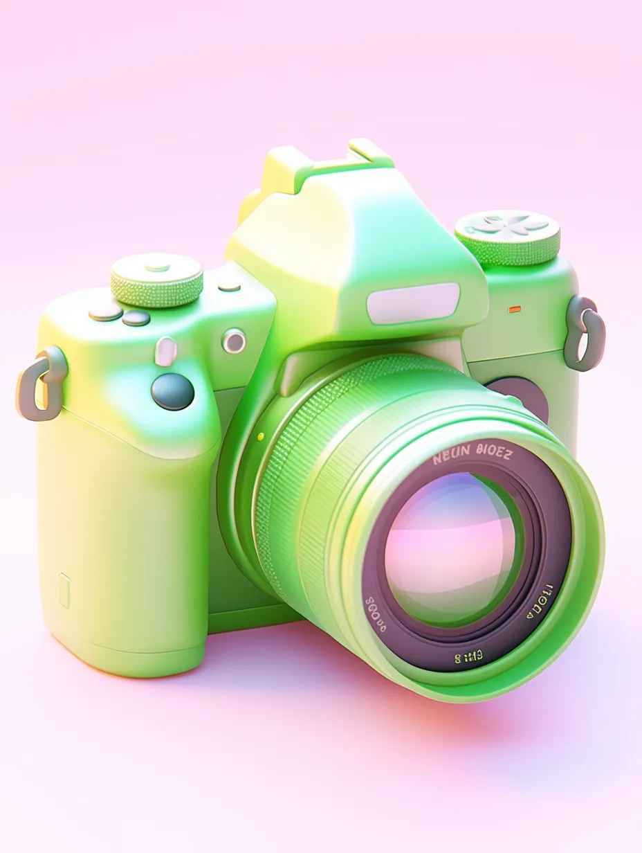 Camera, 3D icon, cartoonish, adorable, shiny and glossy, green with gradient colors, inspired by Nintendo, clay texture, on a white background, highest quality, utmost detail, isometric view, 8K resolution.