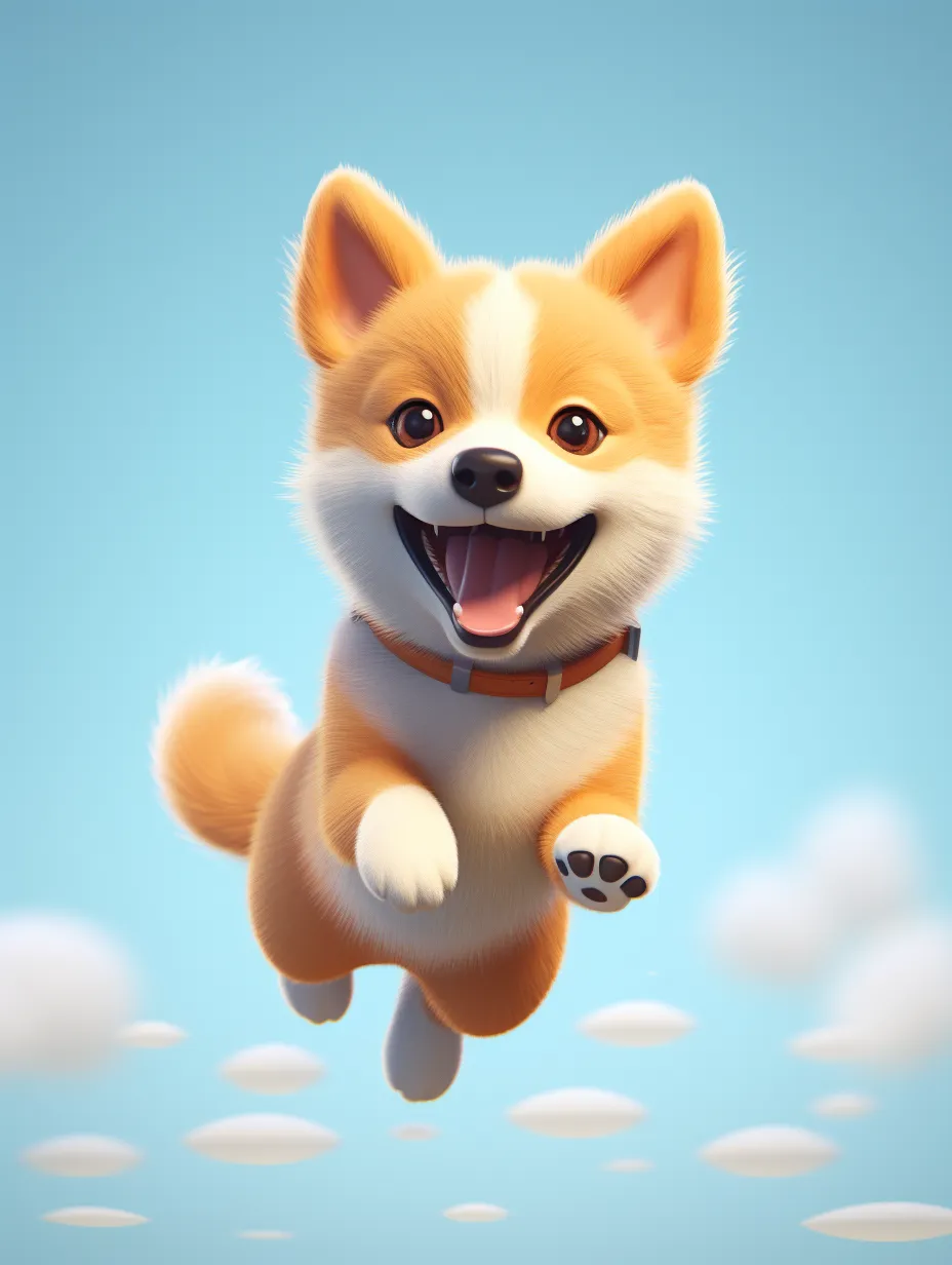 A cheerful 3D cartoon puppy, designed as a Shiba Inu, is joyfully running. It showcases vibrant white and orange colors, rendered with octane for stunning quality, set against a simple background.