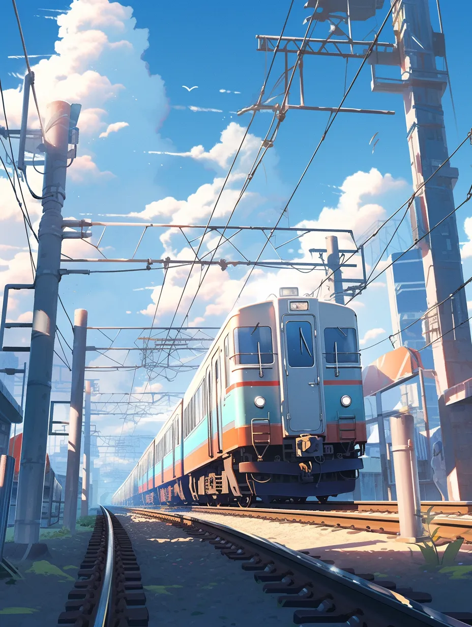 A modern city on a sunny day, with a blue sky and white clouds, featuring a train.