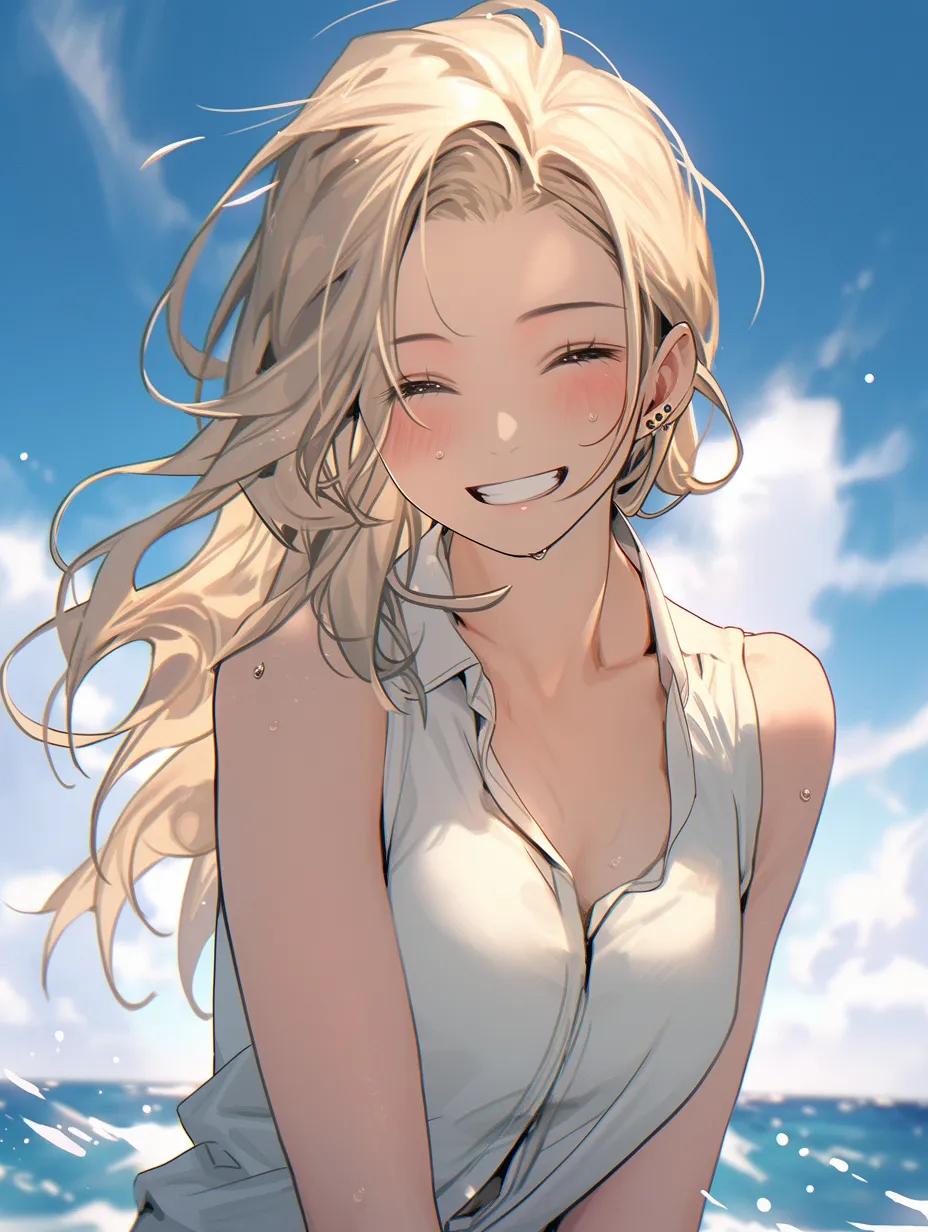 A blonde girl with wavy hair smiles joyfully in a half-body shot. She has a slender figure and stands by the seaside, beneath a beautiful sky embellished with clouds. Her skin glistens with moisture as she gazes into the camera.