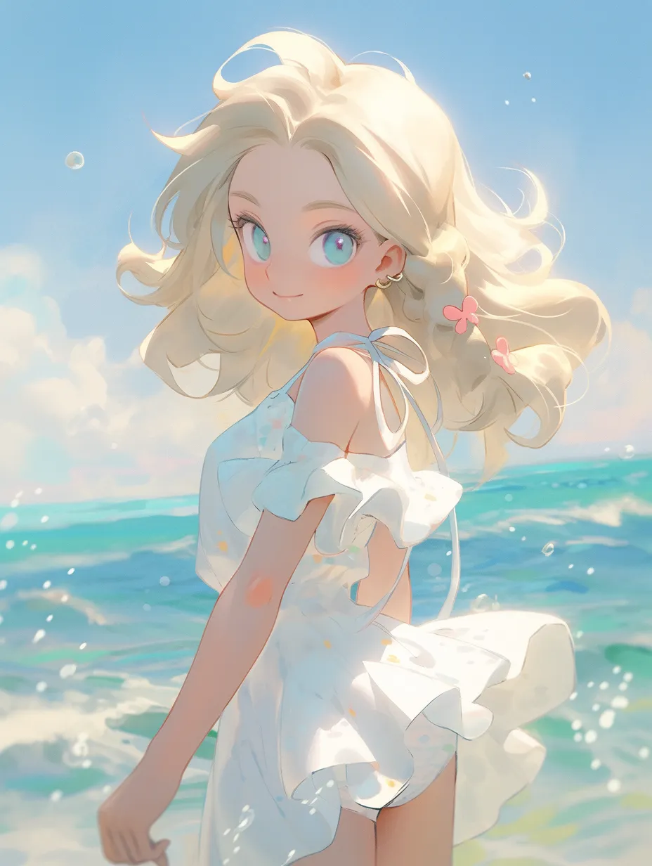 A girl with golden hair, depicted in a whimsical Ghibli painting style, has flowing waves and a joyful smile. Captured in a half-body shot by the seaside, she has a slender figure under a beautiful sky adorned with clouds. Her skin glistens with moisture as she looks into the camera, revealing her stunning, delicate eyes.