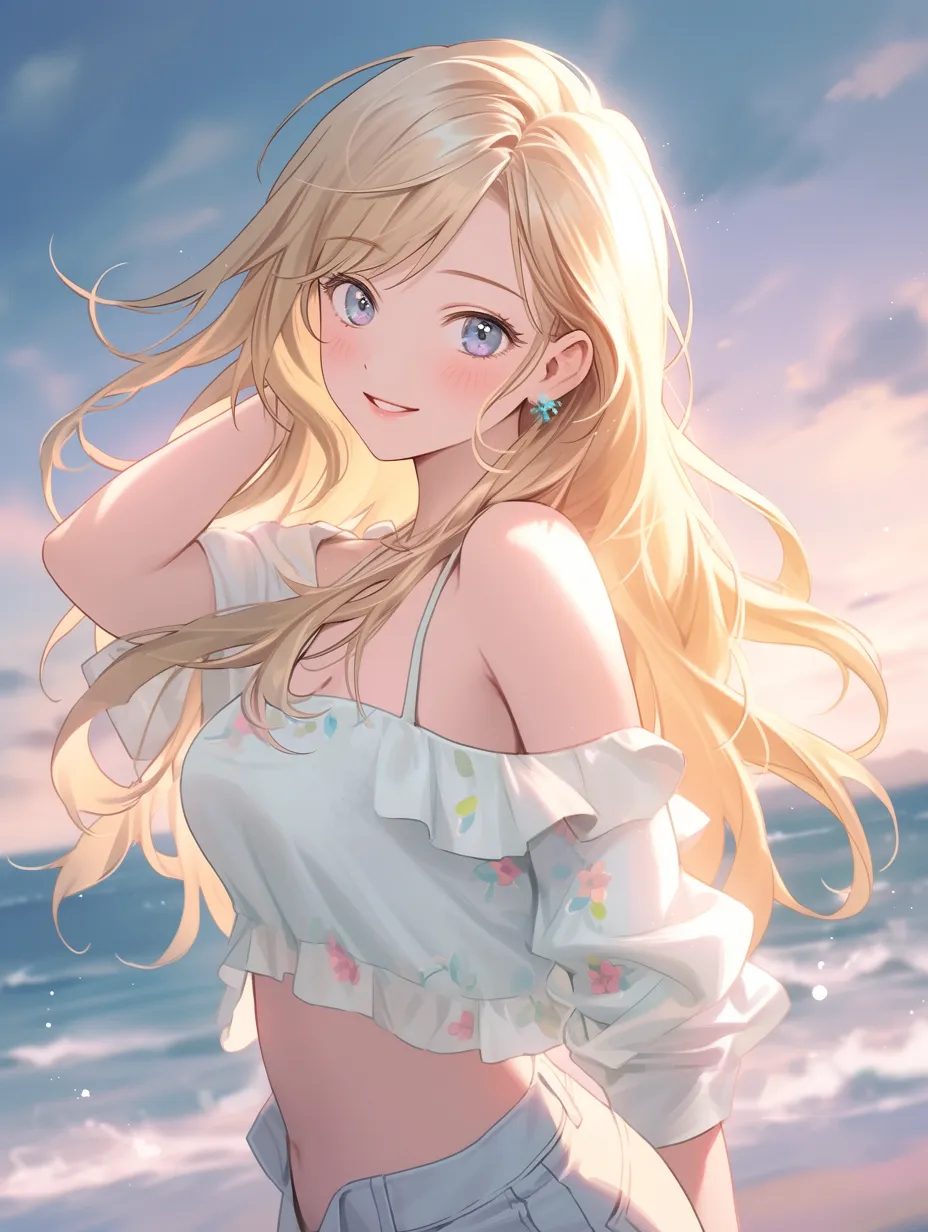 A blonde girl with wavy hair is cheerfully smiling in a half-body shot. She has a slender figure and stands by the seaside, with a stunning sky and clouds above. Her body glistens with moisture as she gazes into the camera, showcasing her beautiful, delicate eyes.