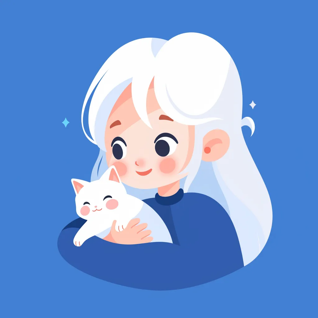 A delightful little girl with white hair embraces a cat while looking at the audience. This close-up portrait highlights the upper half of her figure, crafted in the Aka Outwork style using Adobe Illustrator, against a blue background.