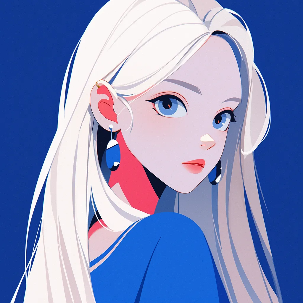 A beautiful girl with long white hair, large eyes, and blue earrings, set against a Klein blue background. This is a portrait showcasing a frontal close-up.