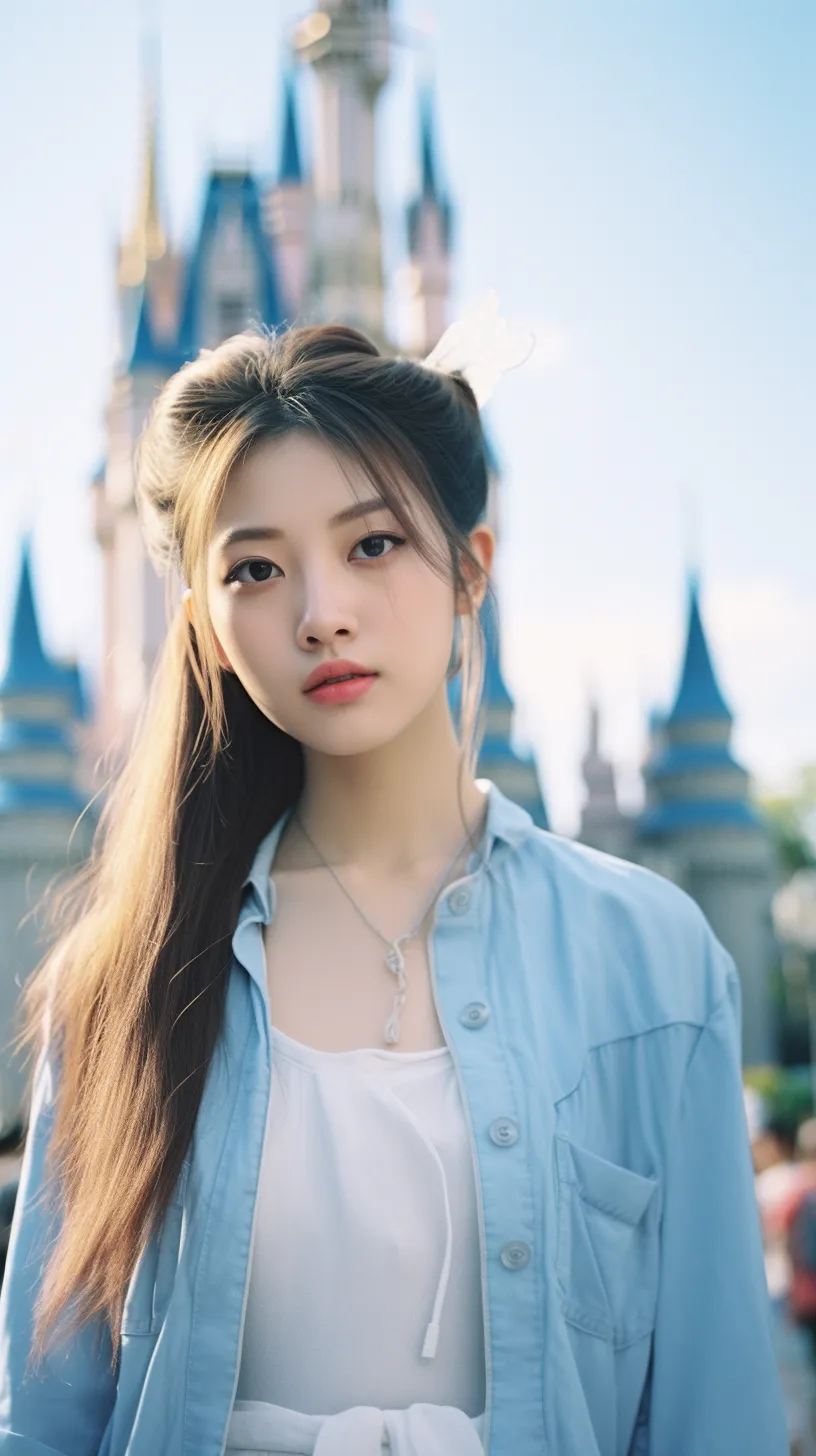 A delightful 18-year-old girl from China, captured at Shanghai Disneyland, with the Disney castle set against a clear sky. The style is soft and dreamy, featuring light blue tones that embody a cute and whimsical Y2K aesthetic. The image is richly detailed, highlighting the winner of a competition, infused with an aurora punk vibe.