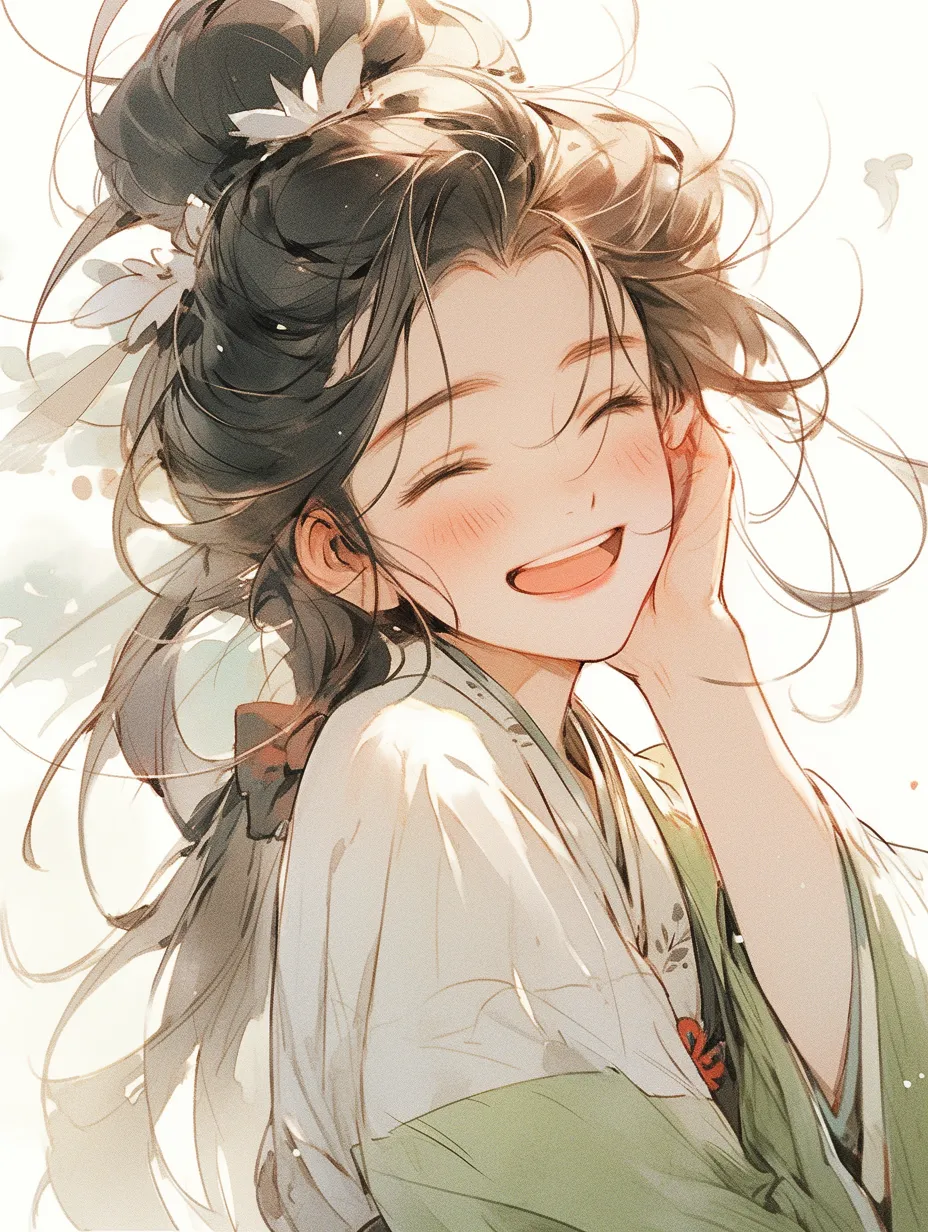 A stunningly beautiful 18-year-old female swordsman, dressed in a white Hanfu, is captured in a close-up of her upper body, laughing joyfully.