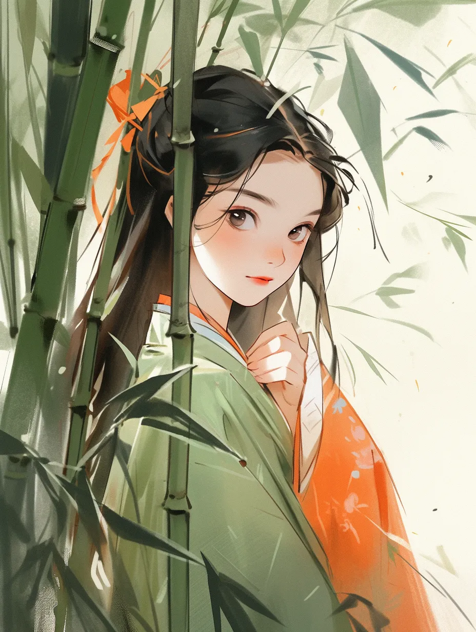 A beautiful girl in a bamboo forest, surrounded by vibrant green bamboo and leaves, embodies the essence of spring.