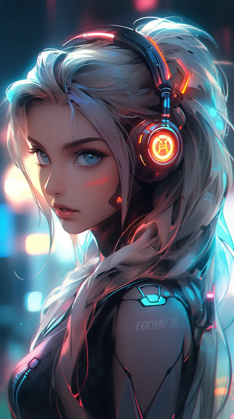 Neon-lit streets, a high-tech atmosphere, a half-mechanical girl adorned with glowing headphones and luminous earrings, staring into the camera in a half-body shot from the front.