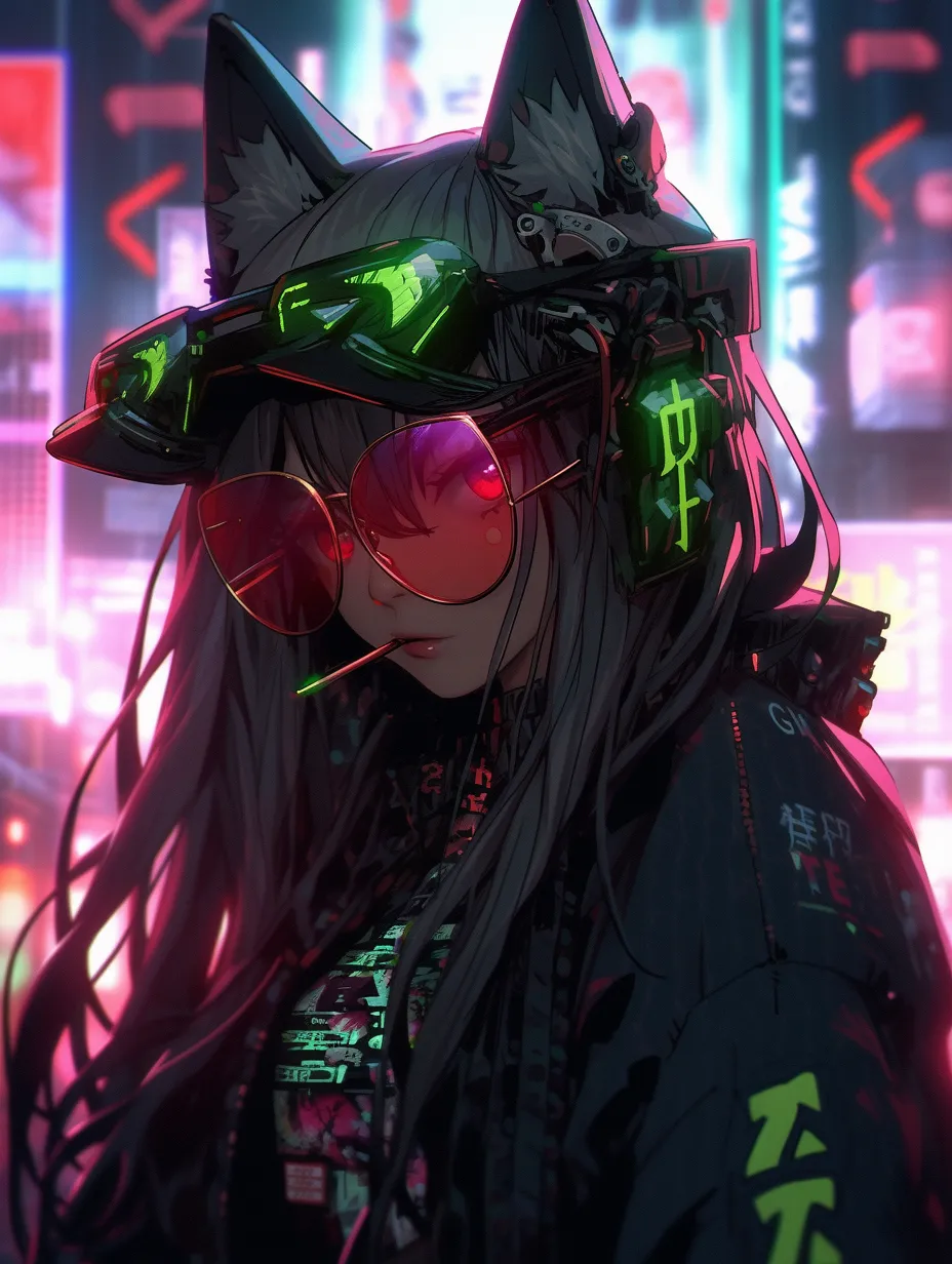 Cyberpunk, half-mechanical dog, sunglasses, neon lights, surrealism, deep focus.