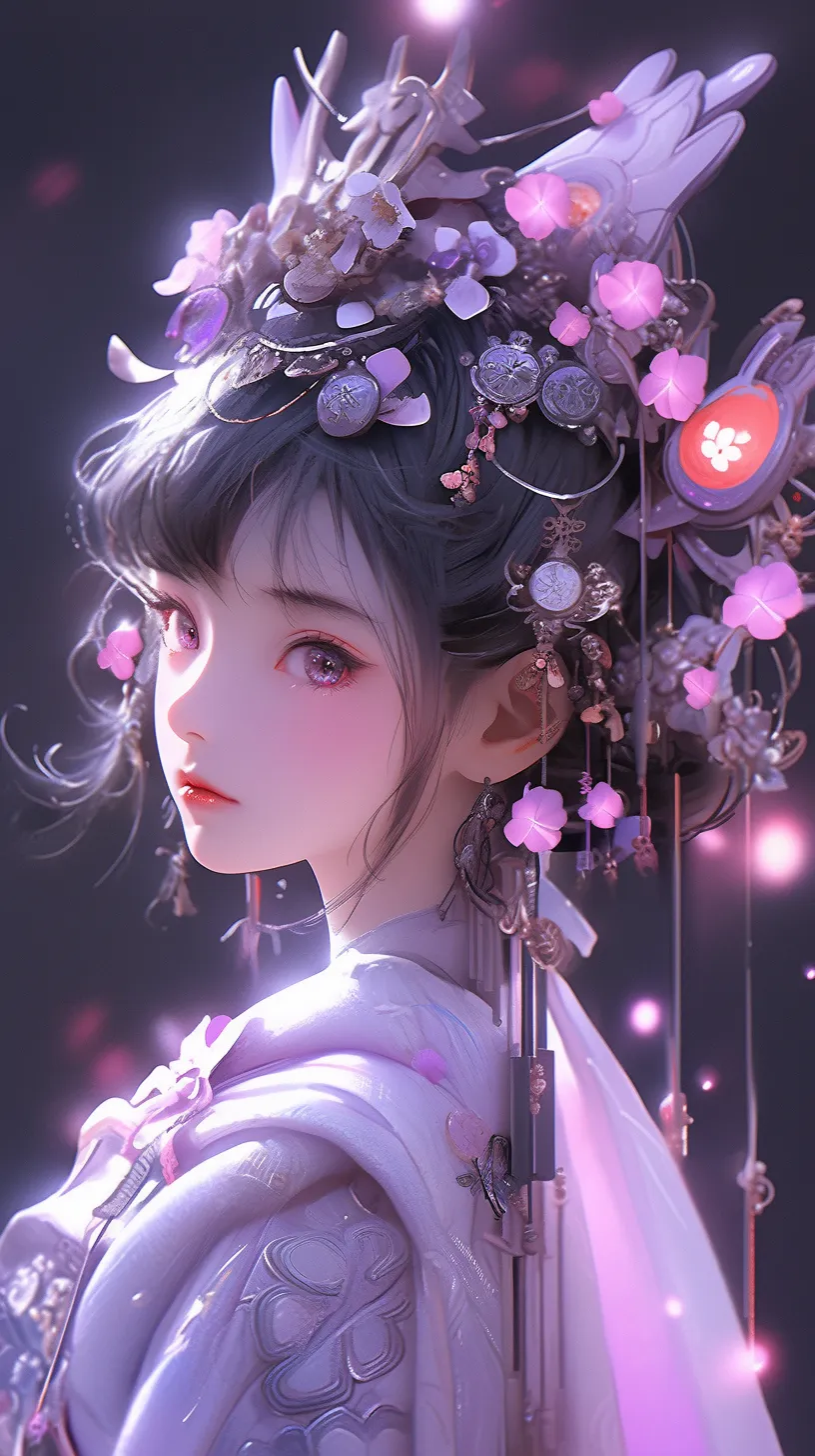 A Chinese girl with fair skin and delicate features is dressed in a mech-inspired Hanfu. Enhanced by a purple holographic projection, she is surrounded by a luminous holographic halo. The rich background is filled with special effects, showcasing 3D art and original character rendering. The ultra-realistic details and intricate nuances are meticulously crafted, embodying a futuristic style. The 3D rendering, created using Unreal Engine, captures her entire figure as she faces the camera.