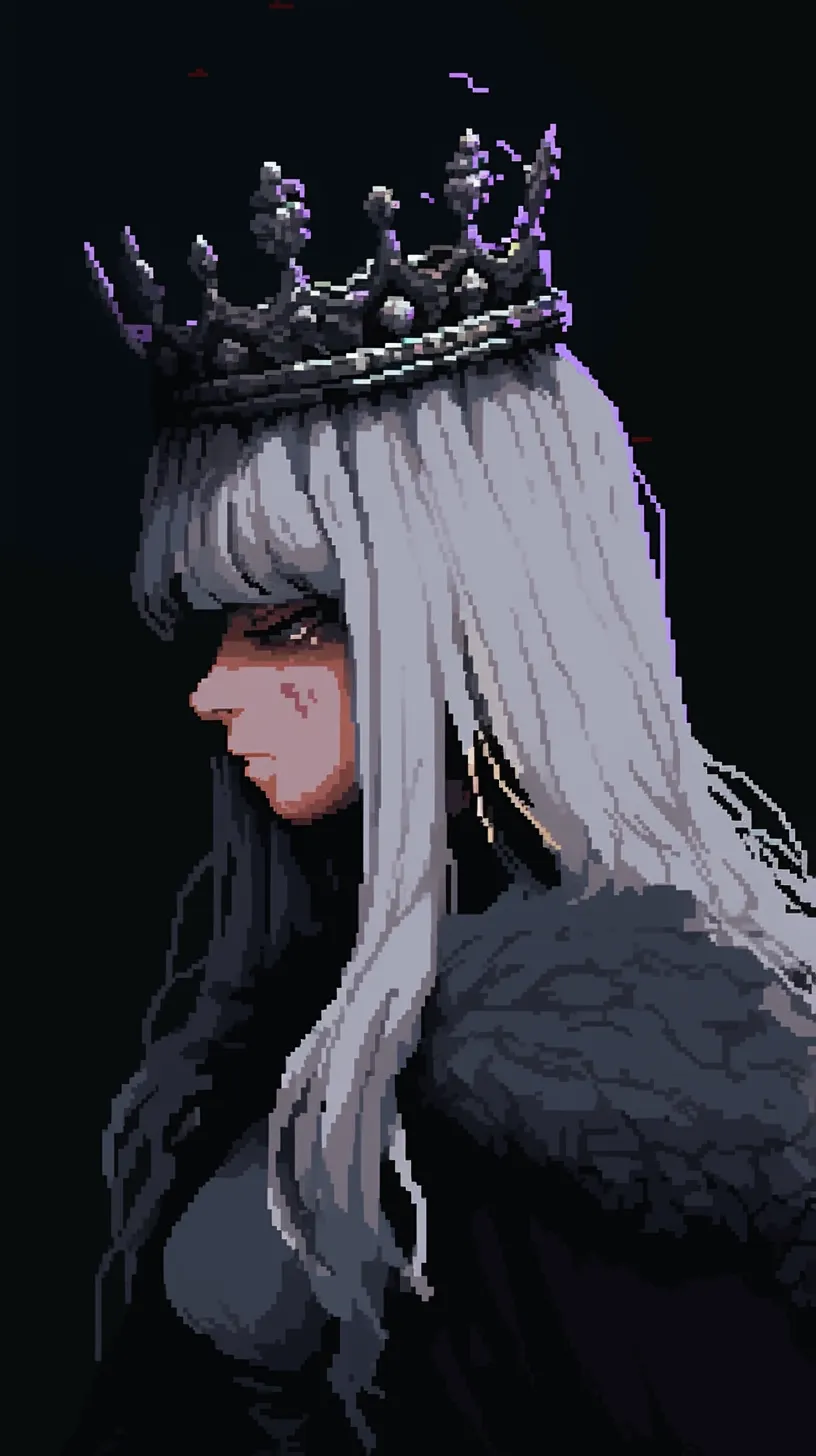 A smiling queen adorned with a crown, facing forward, set against a pixelated gaming backdrop.