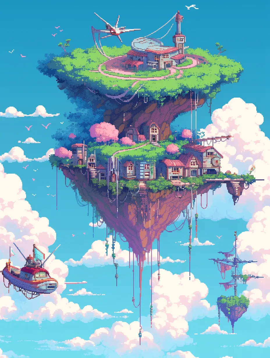 Pixel art style featuring floating islands in the sky, evoking a dreamy atmosphere, reminiscent of a sky city inspired by Miyazaki.