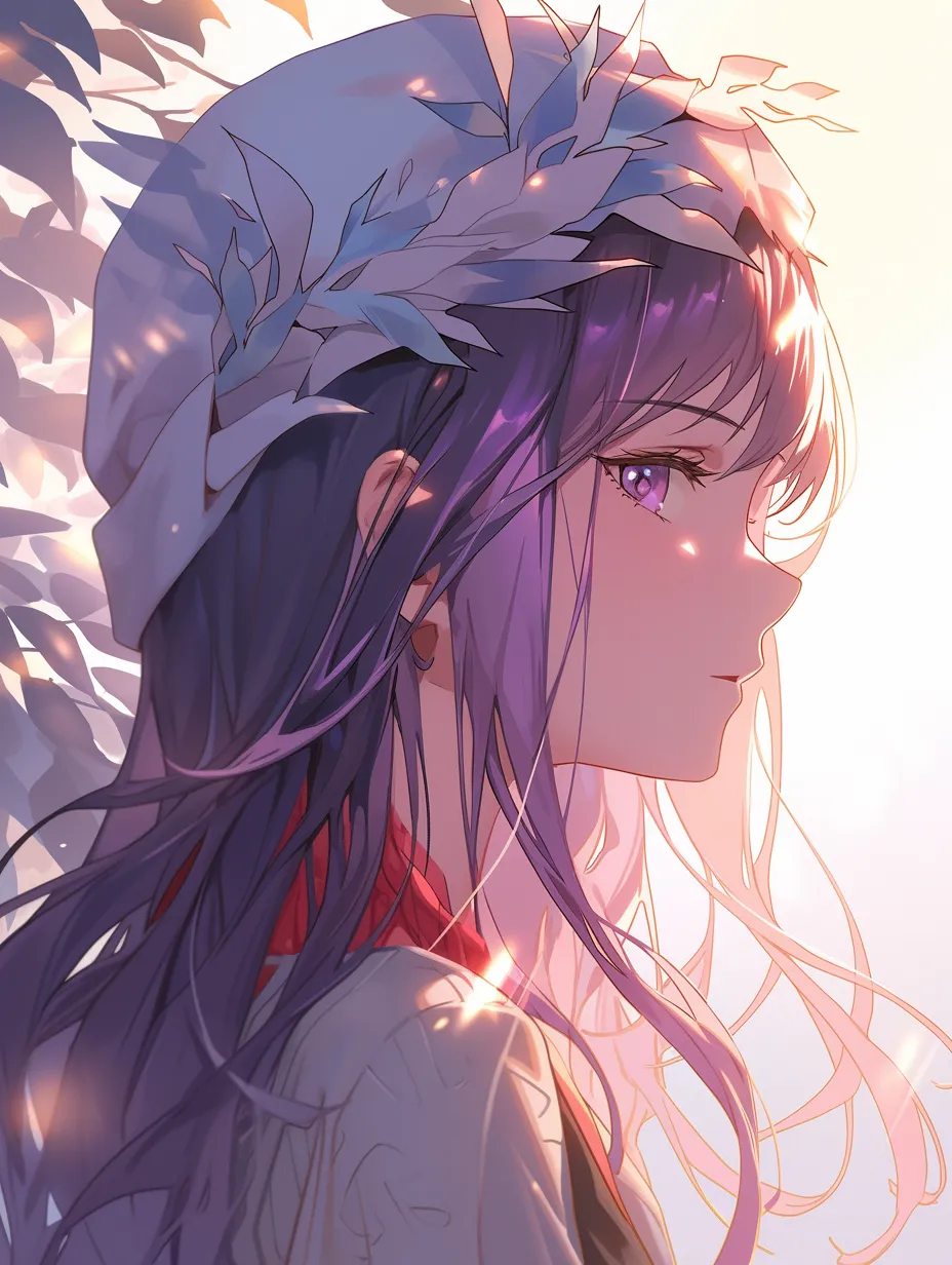 A sweet girl with purple hair glances back, her face bathed in sunlight, while her hair flows gently in the breeze.