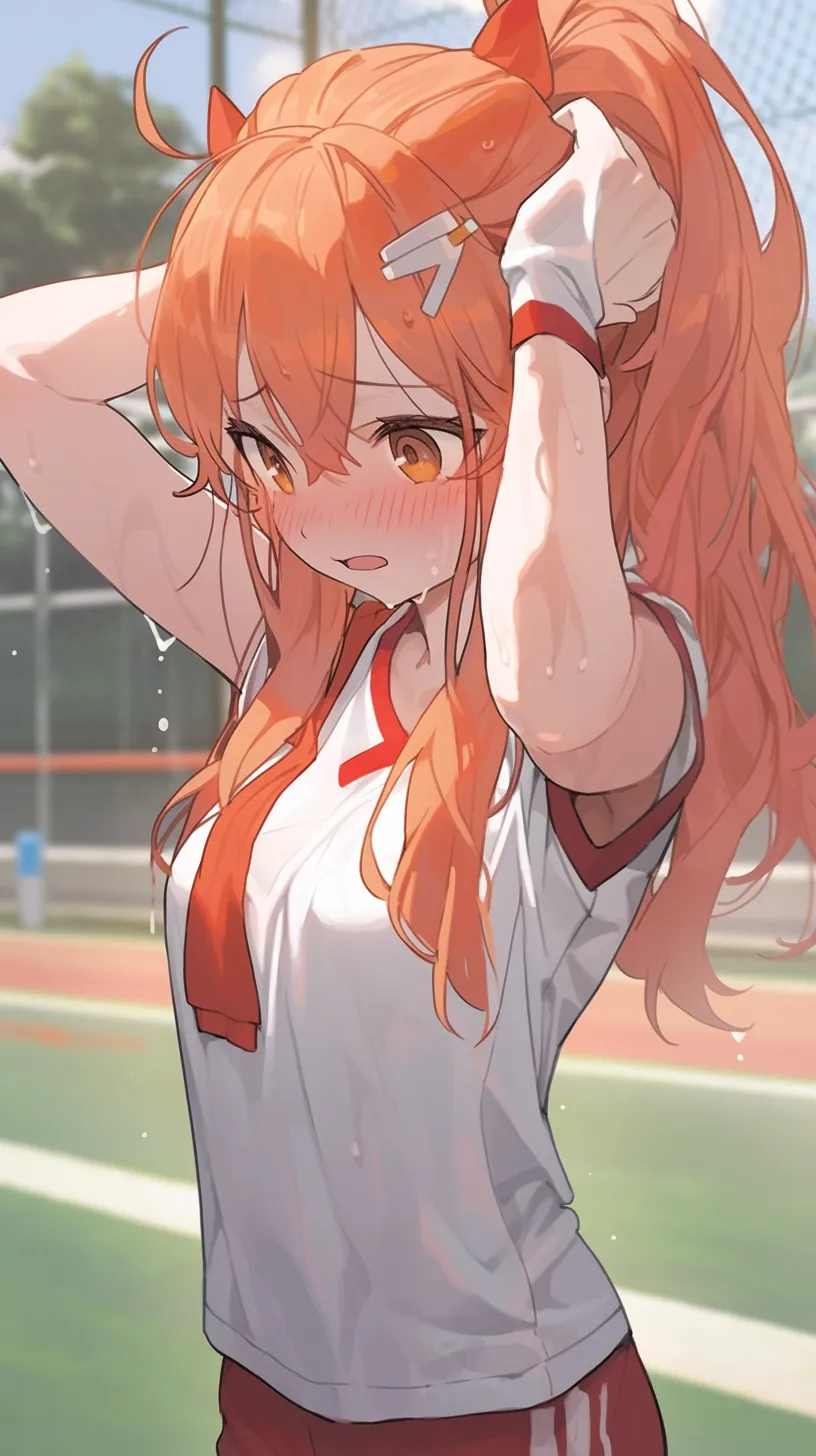 On the school's athletic track, a girl in a sports uniform—a white short-sleeve shirt and orange-red shorts—runs with her ponytail swaying, sweat glistening on her skin. This is a close-up shot.