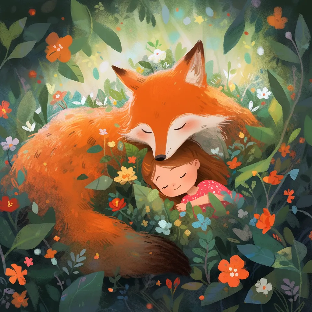 A charming girl with her little fox companion amidst the flowers.