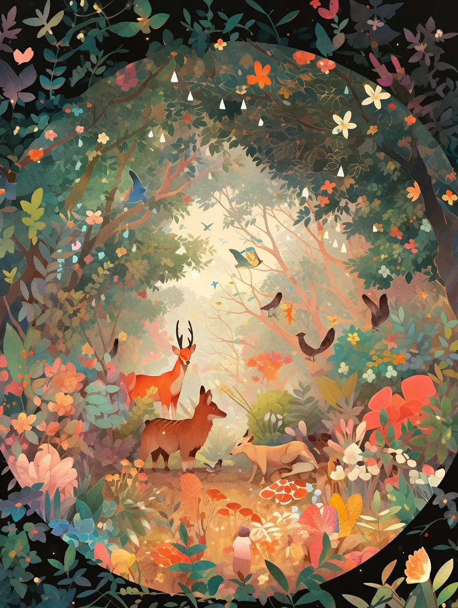 A magnificent, shimmering gem nestled in the garden, surrounded by a variety of small animals in a whimsical wilderness. The background is flat, featuring high resolution and intricate shadows.