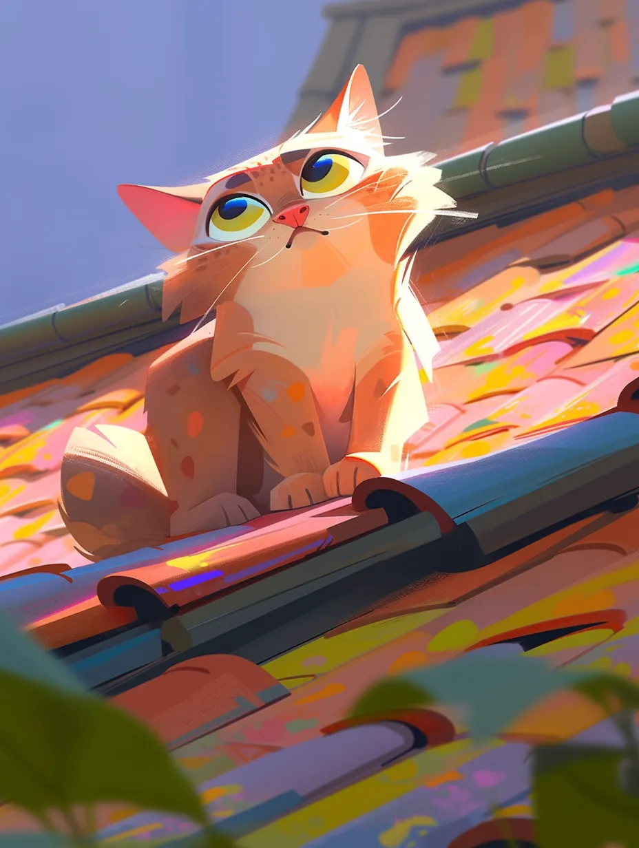 A close-up of a cat sitting on the roof, featuring a vibrant color palette and spotlight emphasis that creates a lively atmosphere.