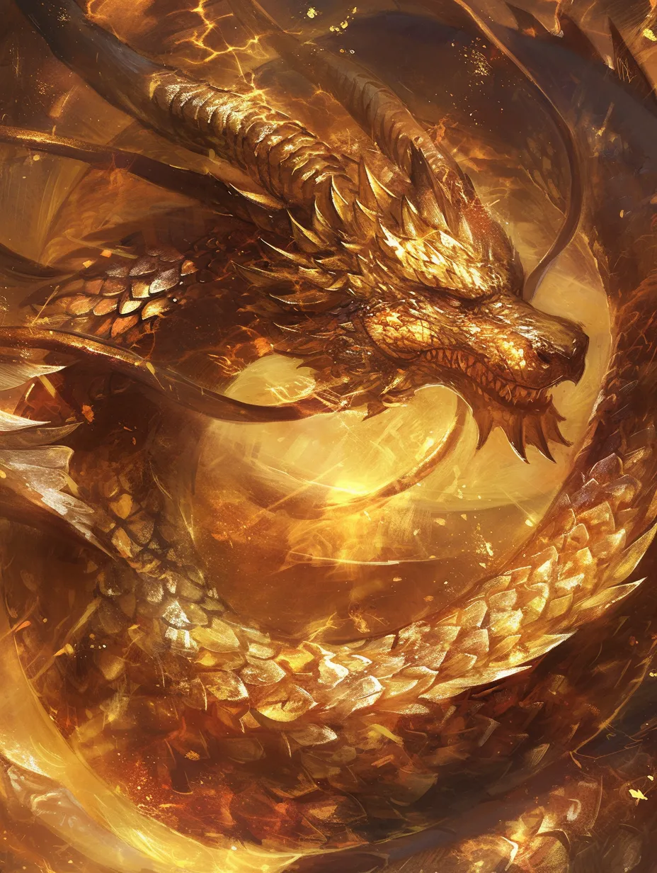 Divine dragon, enigmatic and intricately detailed, adorned with dragon scales and a golden back, clad in medieval armor. Its mesmerizing eyes and throat are accentuated as it coils gracefully. Rendered in the style of Chinese painting by Zhang Dacheng, the artwork features a glass-like texture and warm tones, captured from a bird's-eye view in ultra-high definition quality.