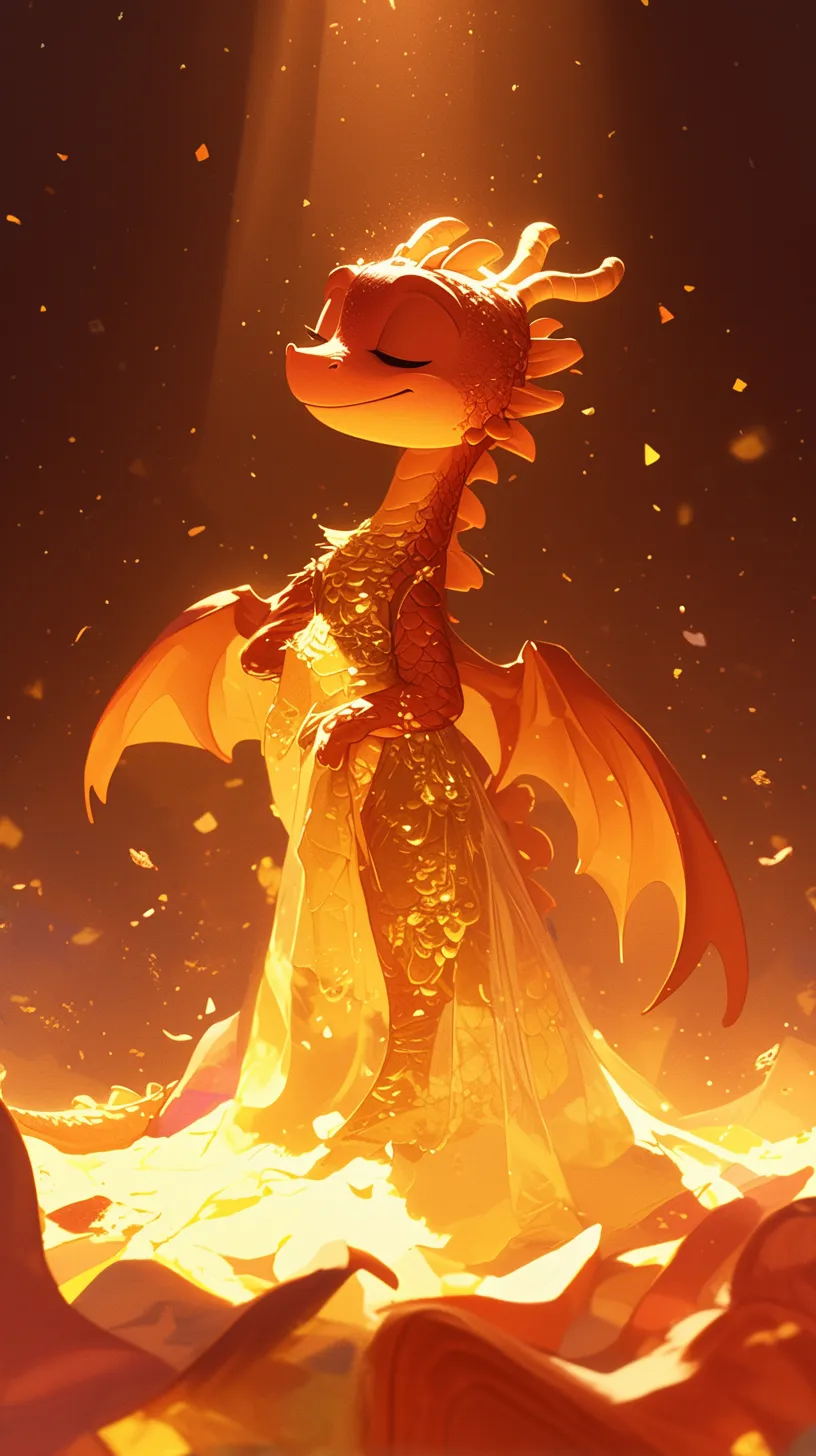 Divine dragon, festive and dancing, adorned with golden scales and lavish decorations, in a cartoon style reminiscent of Disney studios. Crafted from plush material, it shines under the spotlight, showcasing a vibrant red and gold palette. Epic wide-angle view, high quality.