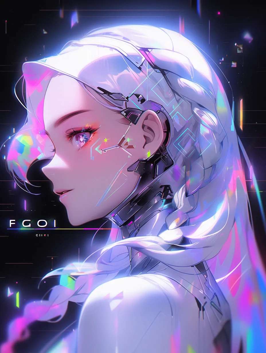 Girl, futuristic technology, sleek hairstyle, holographic charm, digital makeup, radiant brilliance, futurism, high-tech aesthetics, white chrome metal, dazzling neon, interplay of neon light and shadow, rainbow hues, ultra-modern vibe, ultra-high-definition quality.