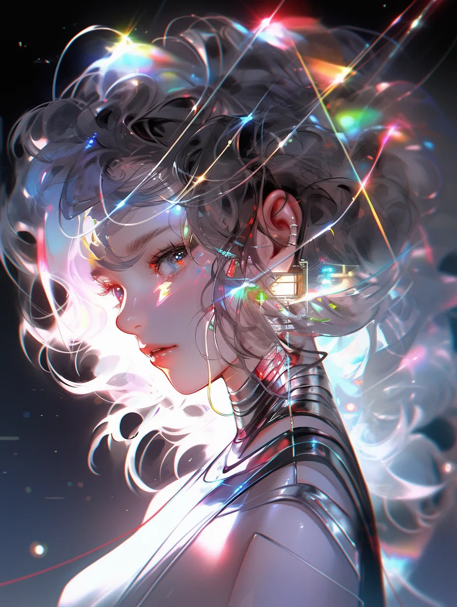 Girl with futuristic technology, glossy hairstyle, holographic allure, digital makeup, shimmering brilliance, embodying futurism, high-tech style, white chrome metal, dazzling neon, interplay of neon light and shadow, vibrant rainbow hues, ultra-high-definition quality of high-tech futurism.