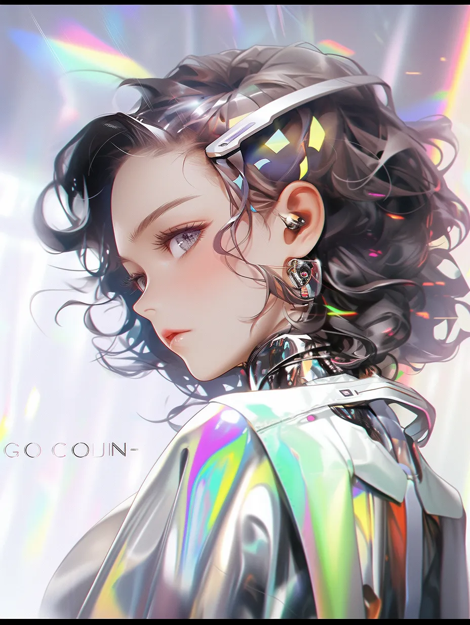 A girl adorned with futuristic technology, a sleek hairstyle, holographic accessories, digital makeup, and shimmering colors, embodying a high-tech style. She is surrounded by white chrome metal, dazzling neon lights, and shadows, showcasing rainbow hues that evoke a sense of advanced futurism and ultra-high-definition quality.