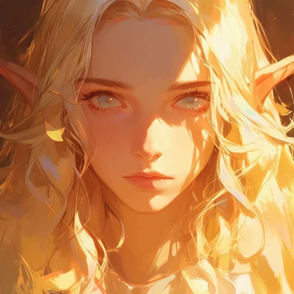 A girl, an elf, mysterious and minimalist, in high resolution, featuring beautifully detailed eyes and a finely crafted face, soft lips, enigmatic eyebrows, golden hair, gentle light and shadow, warm tones, close-up, a masterpiece, dreamy.