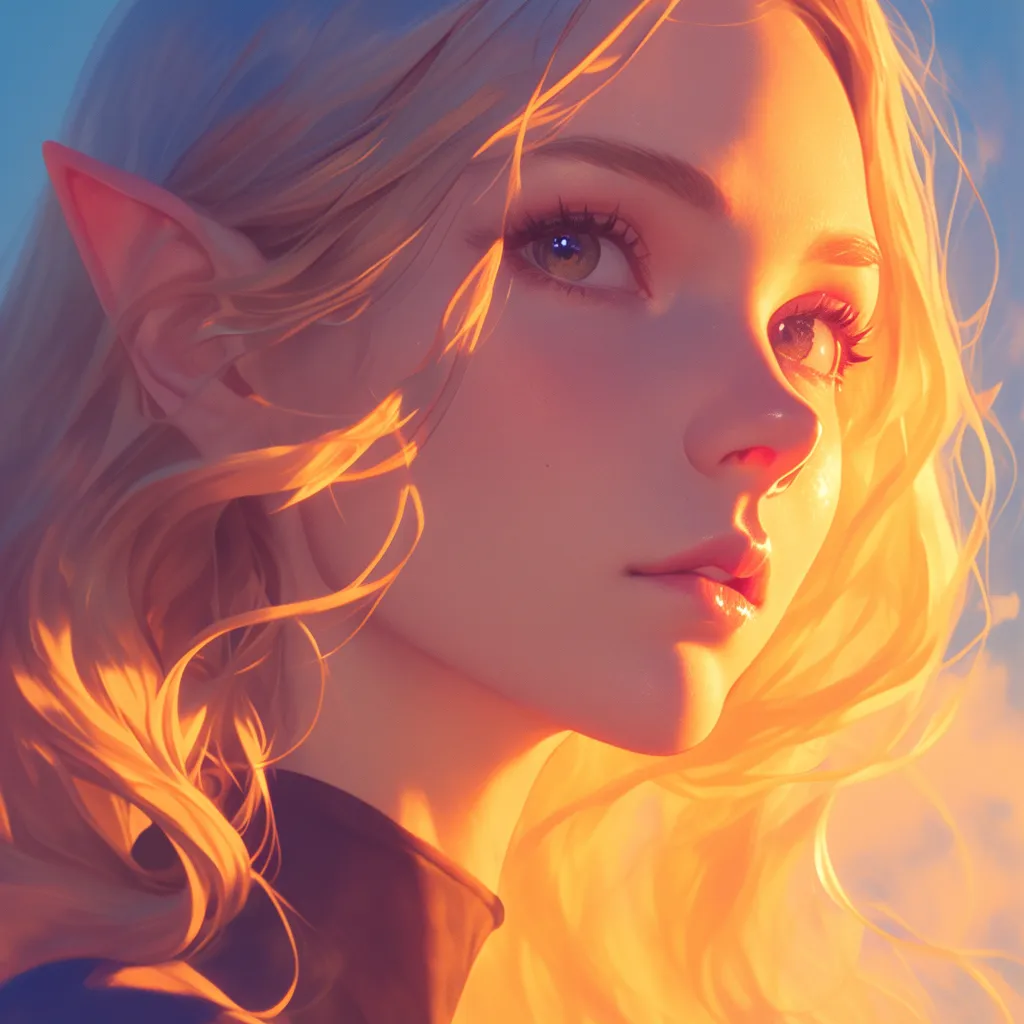 A girl, an elf, shrouded in mystery, minimalist in style, high resolution, with beautifully detailed eyes and an exquisitely crafted face. Her soft lips and enigmatic eyebrows frame her golden hair, illuminated by gentle light and shadow in warm tones. This close-up captures a masterpiece, dreamy and enchanting.