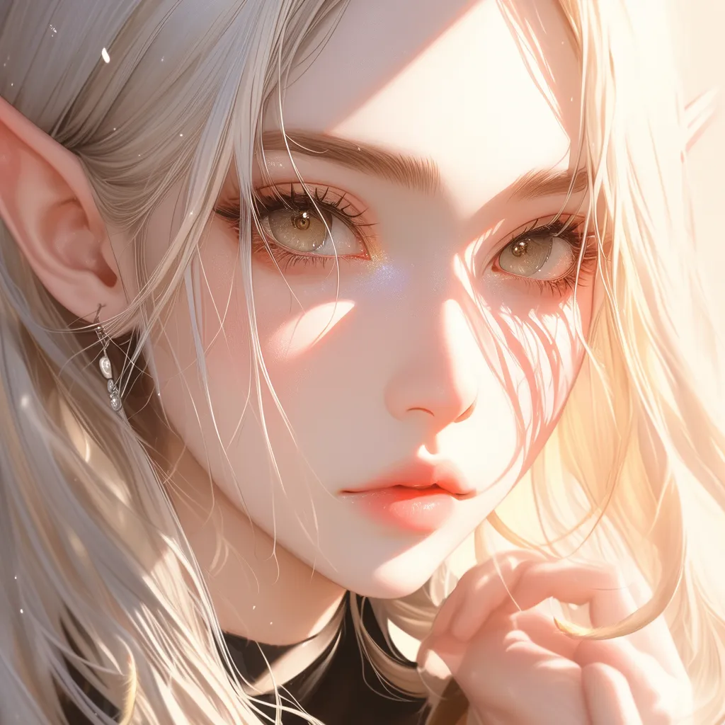 A girl, an elf, shrouded in mystery, minimalist yet captivating, high resolution, with exquisitely detailed eyes and a beautifully crafted face. Soft lips and enigmatic eyebrows frame her features, complemented by flowing golden hair. Gentle play of light and shadow enhances the warm tones in this close-up masterpiece, evoking a dreamy atmosphere.