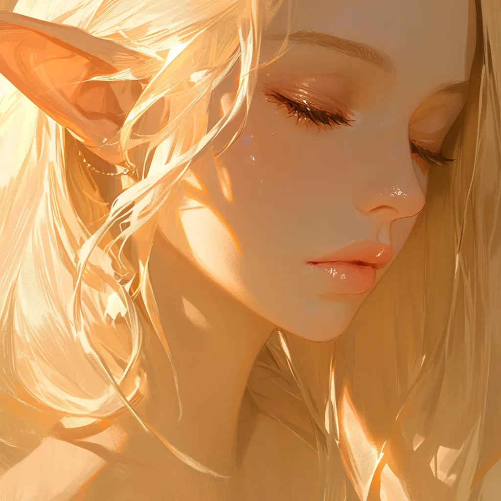 A girl elf, shrouded in mystery, embodies minimalism. In high resolution, her beautifully detailed eyes and exquisitely crafted face captivate, complemented by soft lips and enigmatic eyebrows. Her golden hair glimmers in gentle light and shadow, radiating warm tones. This close-up is a masterpiece, evoking a dreamy atmosphere.