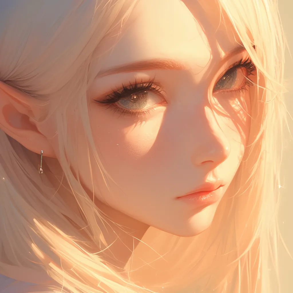 A girl, an elf, mysterious and minimalist, in high resolution with beautifully detailed eyes and a finely crafted face. She has soft lips, enigmatic eyebrows, and golden hair, illuminated by gentle light and shadow in warm tones. This close-up captures a masterpiece that exudes a dreamy quality.