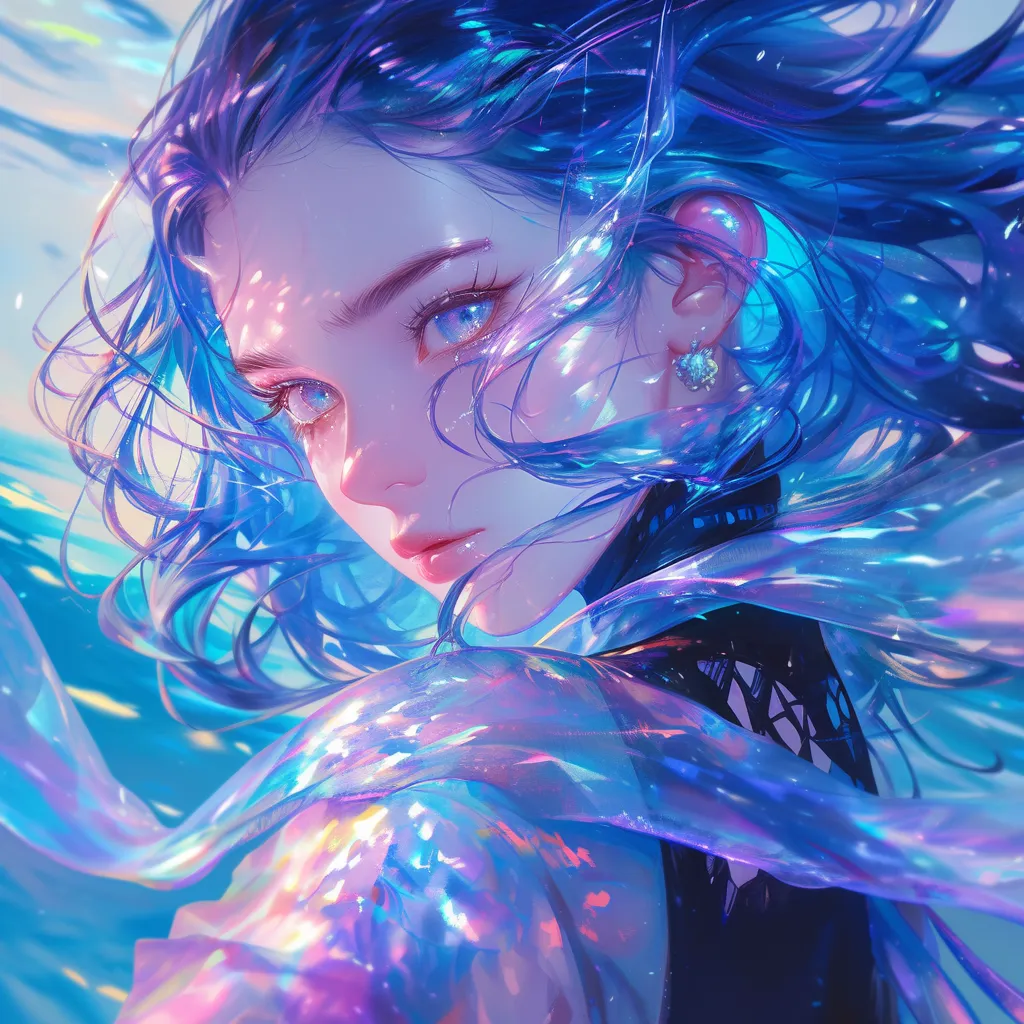 A girl with blue hair dances gracefully in a stunning dynamic portrait, crafted in an abstract art style reminiscent of Pixar studios. This piece showcases silky textures, dreamy lighting effects, and vibrant colors, all captured in a high-quality close-up.