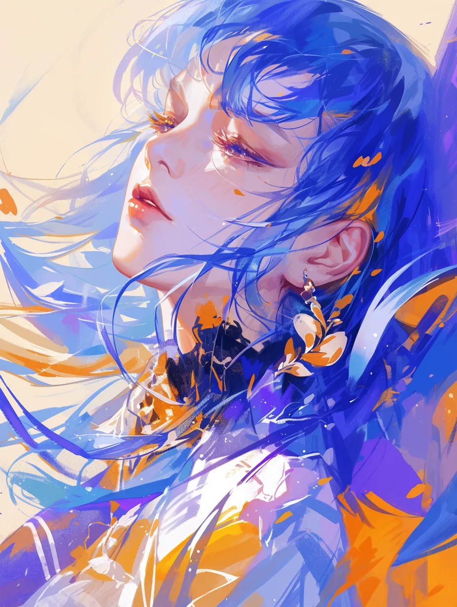 A girl with blue hair dances gracefully in a breathtaking, dynamic portrait. This abstract artwork, inspired by Pixar Studios, showcases a silky texture, ethereal lighting effects, and vibrant colors, all captured in a high-quality close-up.