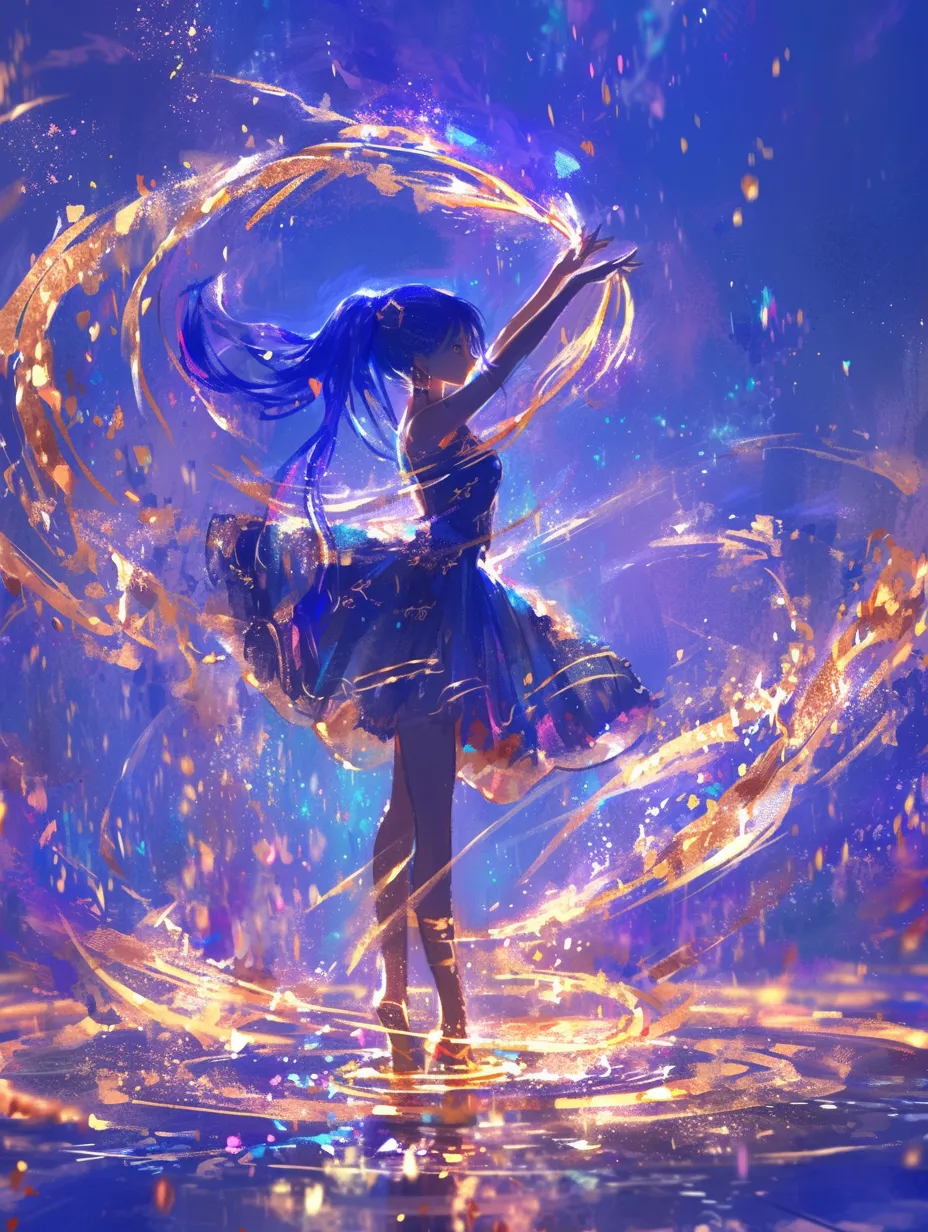 A girl with blue hair dances gracefully in a breathtaking, dynamic portrait. This abstract artwork, inspired by Pixar Studios, showcases a silky texture, ethereal lighting effects, and vibrant colors, all captured in a high-quality close-up.