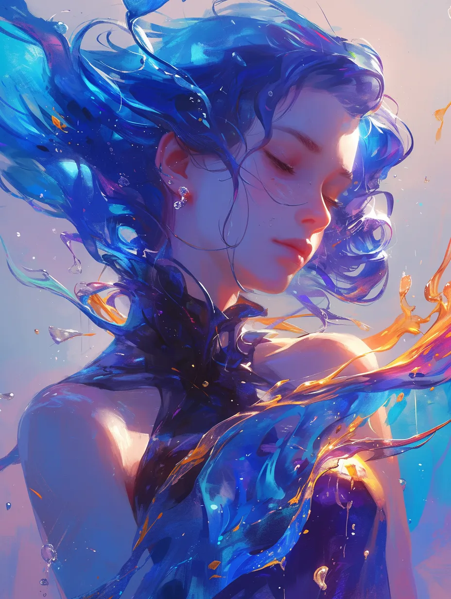 A girl with blue hair dances gracefully in a breathtaking, dynamic portrait. This abstract artwork, inspired by Pixar Studios, showcases a silky texture, ethereal lighting effects, and vibrant colors, all captured in a high-quality close-up.