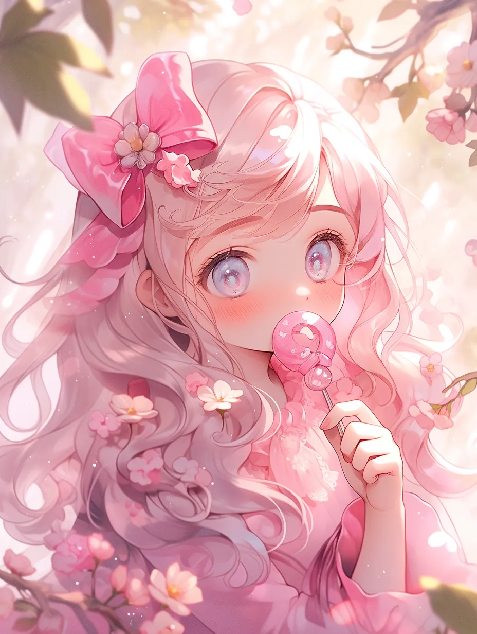 An adorable girl in a dreamy style, captured in a high-resolution watercolor painting. She has pink eyes and a rosy blush, surrounded by pastel colors in a close-up shot. With a sweet smile, she is in a candy forest, her soft hair resembling a candy-like texture. Dressed in a pink dress and enveloped by candy, her flowing hairstyle radiates a sweet aura. The dreamy lighting effects and gentle shadows highlight exquisite details as she holds candy in her hands.