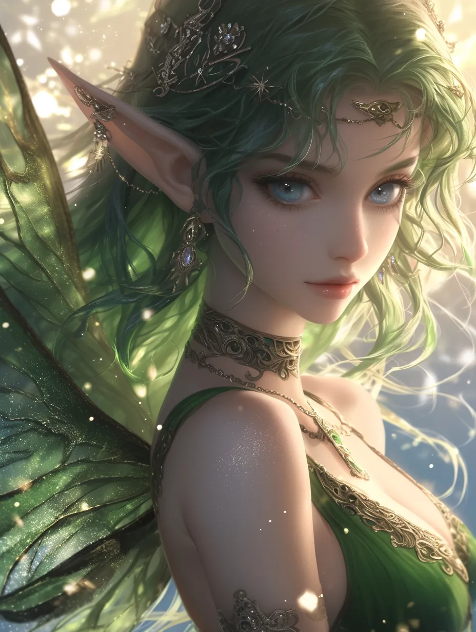 Sprite, glamorous and modern, inspired by Hayao Miyazaki and Studio Ghibli, with a mirror-like quality and backlighting. The color palette features pastel shades in a medium close-up, ultra-detailed and rich in detail. She has a slender waist, blue eyes, and green hair against a starry background. Her fringed long dress complements her exquisite face, warm-toned lips, and elegant earrings. Adorned with amulet decorations and ear accessories, she wears a sheer veil with intricate patterns and long earlobes.